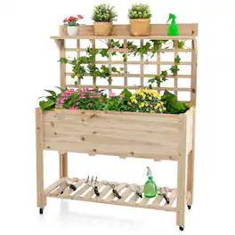 Costway - Raised Garden Bed with Trellis Mobile Elevated Planter Box with Wheels Bed Liner Top/Bottom Storage Shelves - Natural
