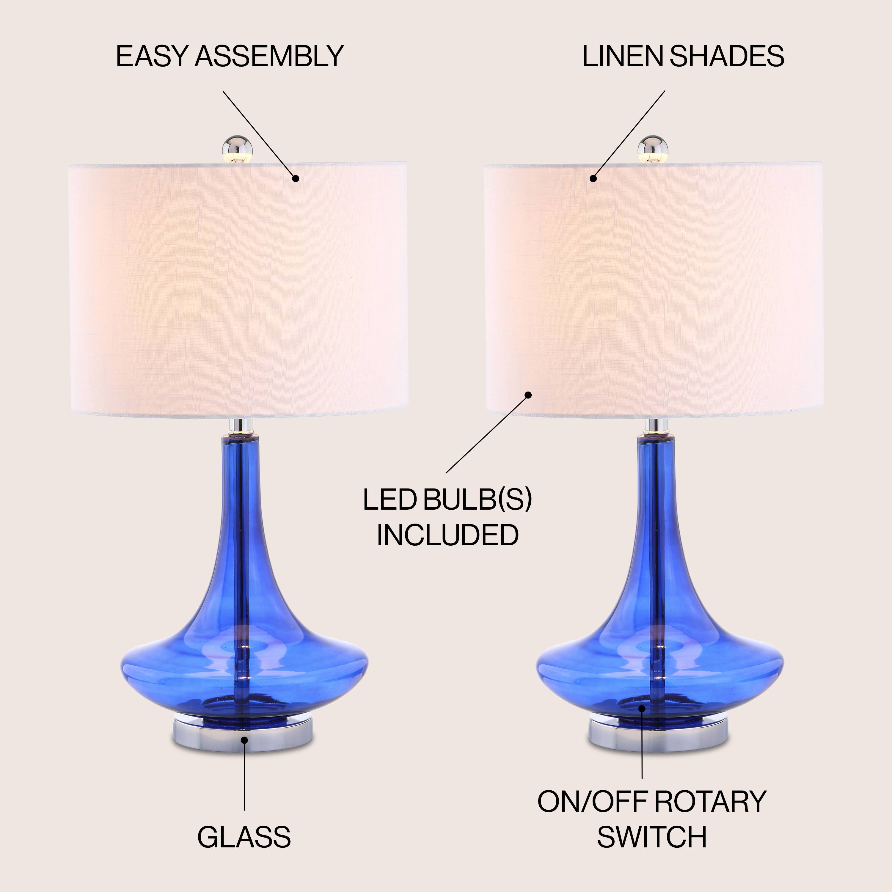 EASY ASSEMBLY  
LINEN SHADES  
LED BULB(S) INCLUDED  
GLASS  
ON/OFF ROTARY SWITCH