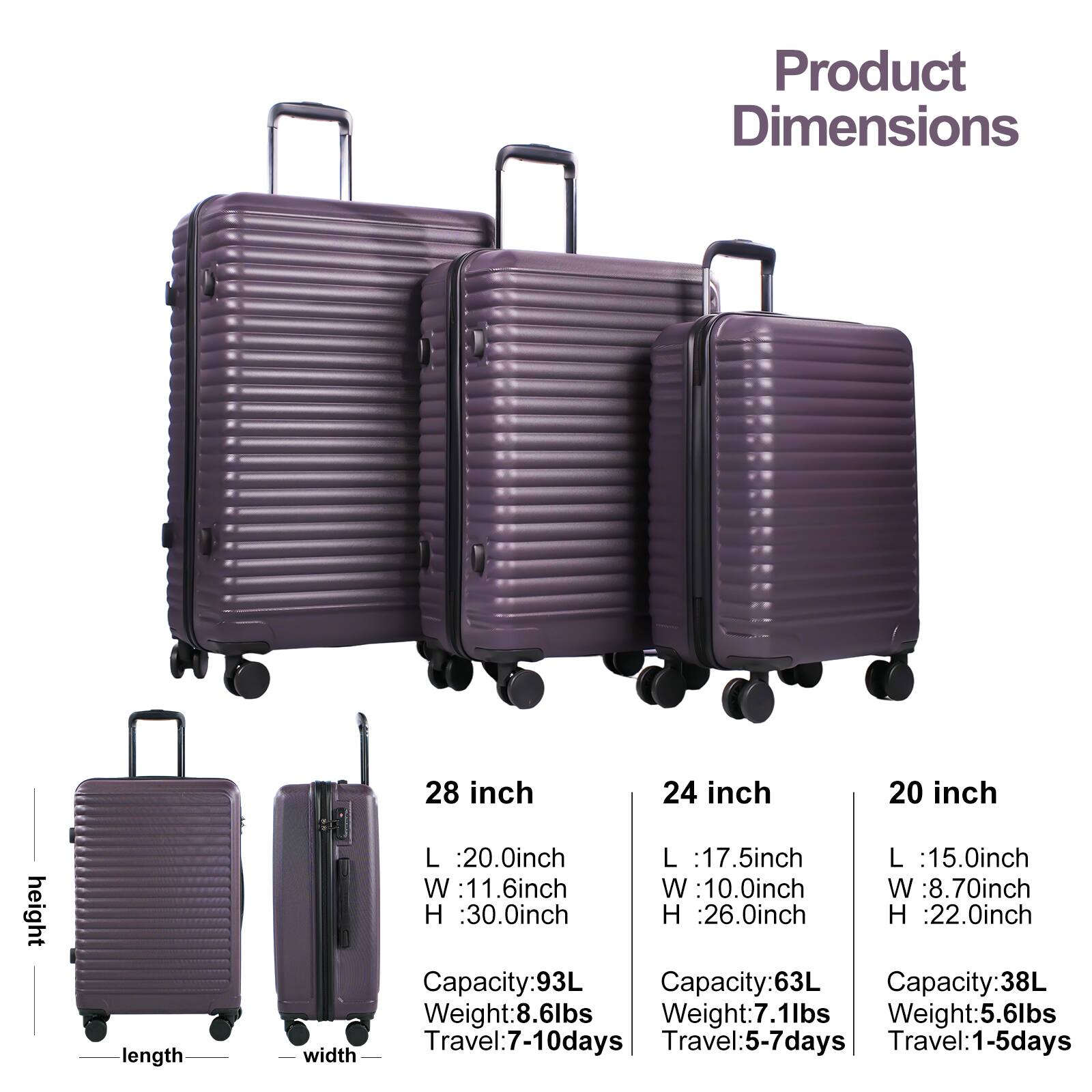 Travelhouse 3 Piece Hardside Luggage Set Hardshell Lightweight Suitcase ...