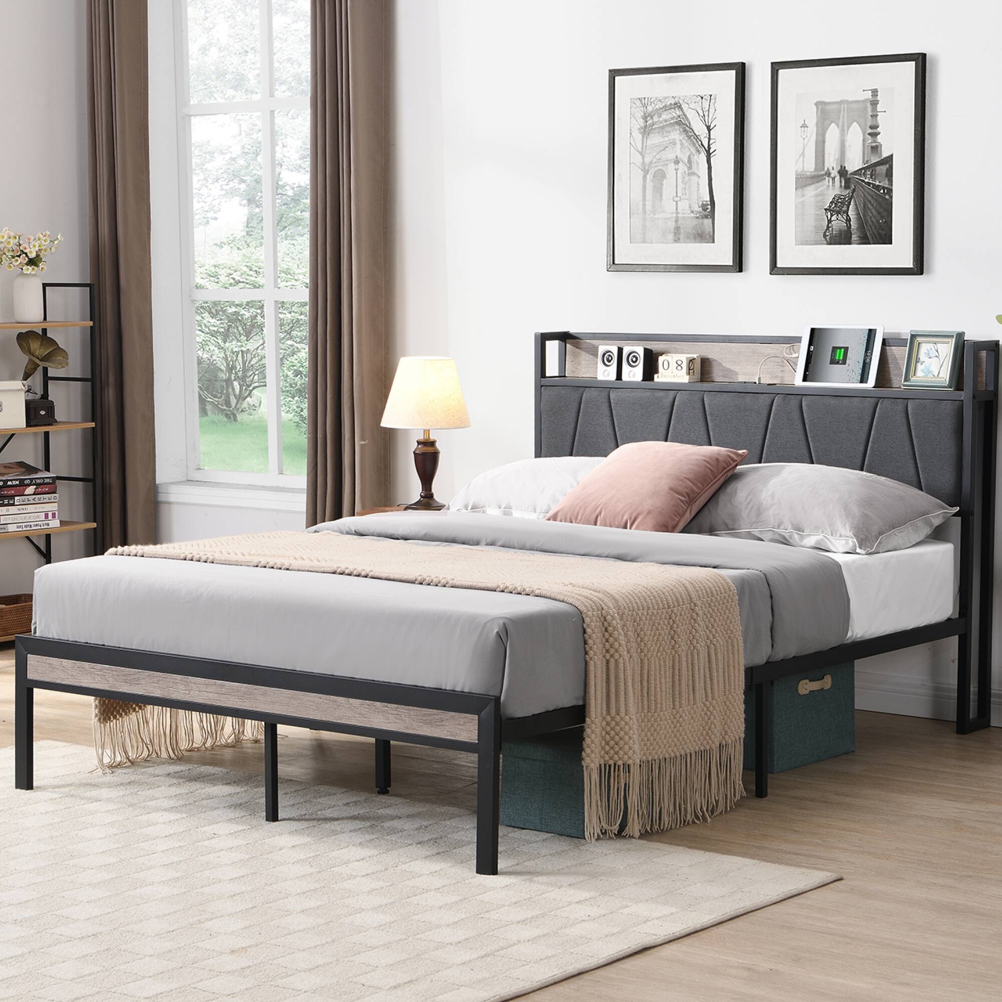 Angle. GOODSILO - Queen Size Metal Platform Bed Frame with Storage Headboard and Footboard, Includes USB Ports, No Box Spring Required - Beige+Black+Grey.