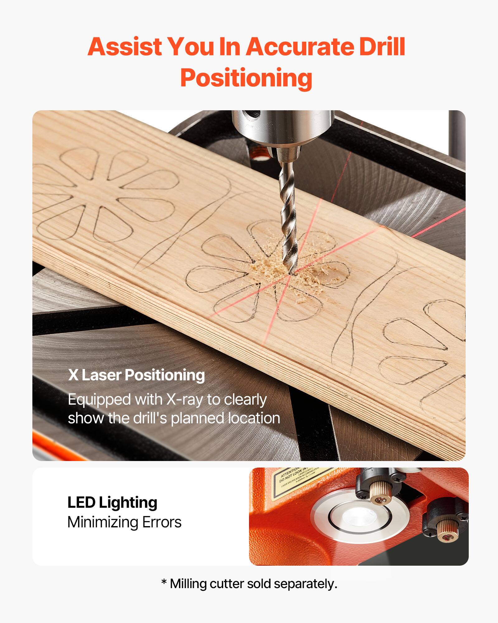 Assist You In Accurate Drill Positioning

X Laser Positioning
Equipped with X-ray to clearly show the drill's planned location

LED Lighting
Minimizing Errors

*Milling cutter sold separately.
