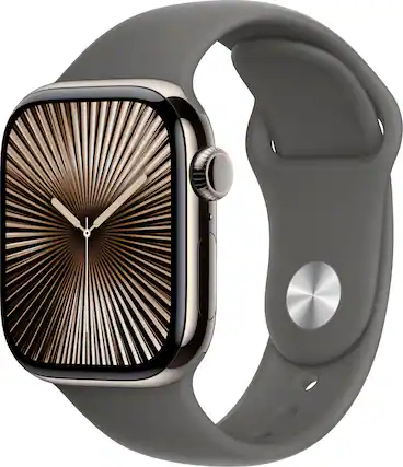 Angle. Apple - Apple Watch Series 10 (GPS+Cellular) 42mm Titanium Case with Stone Grey Sport Band - S/M - Natural.