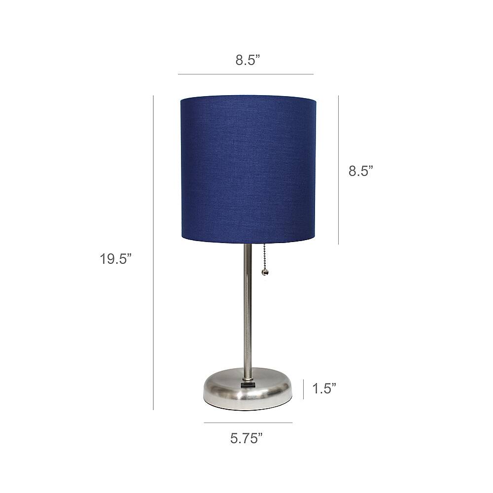 Left View: Limelights - Stick Lamp with USB charging port and Fabric Shade - Silver/Navy