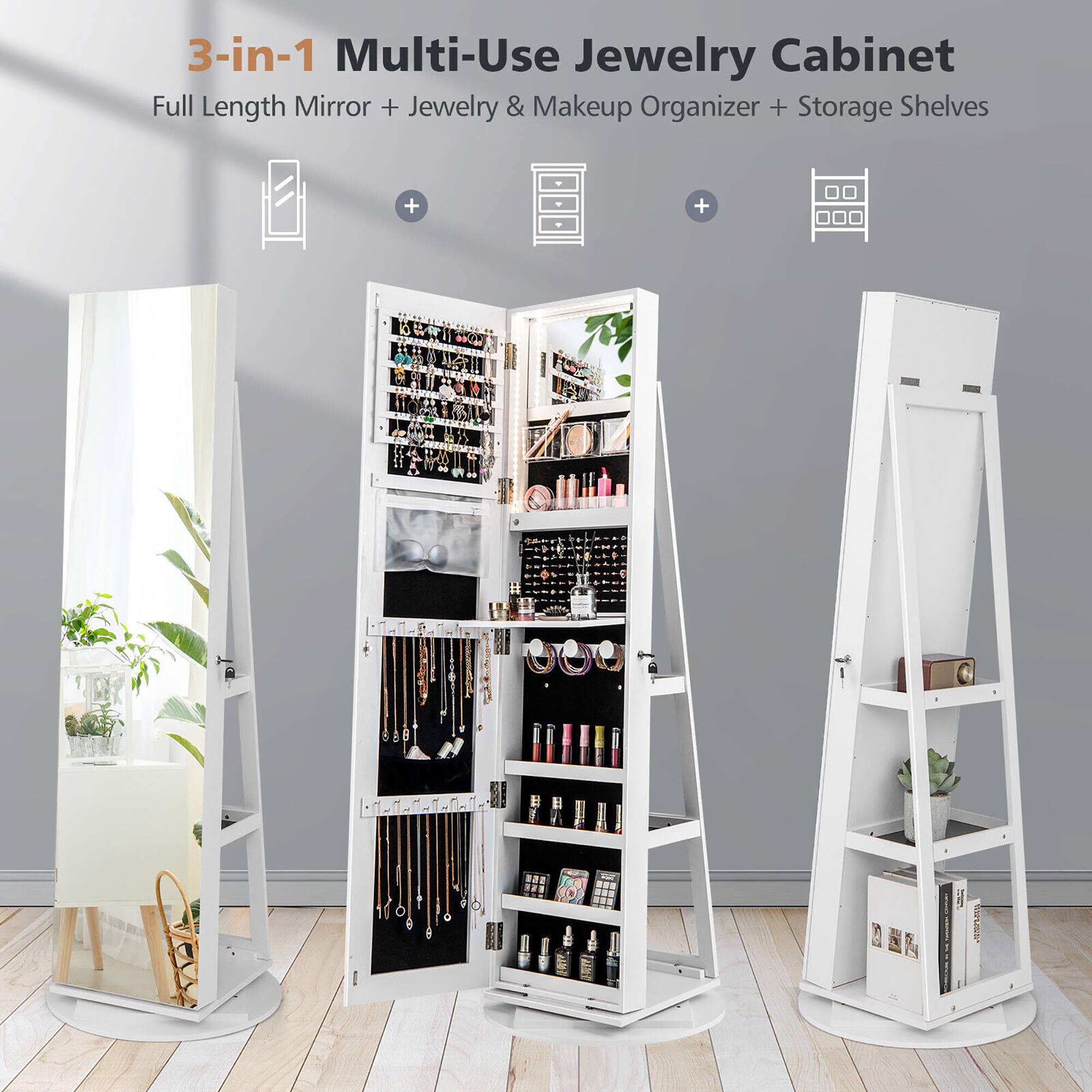 3-in-1 Multi-Use Jewelry Cabinet  
Full Length Mirror + Jewelry & Makeup Organizer + Storage Shelves
