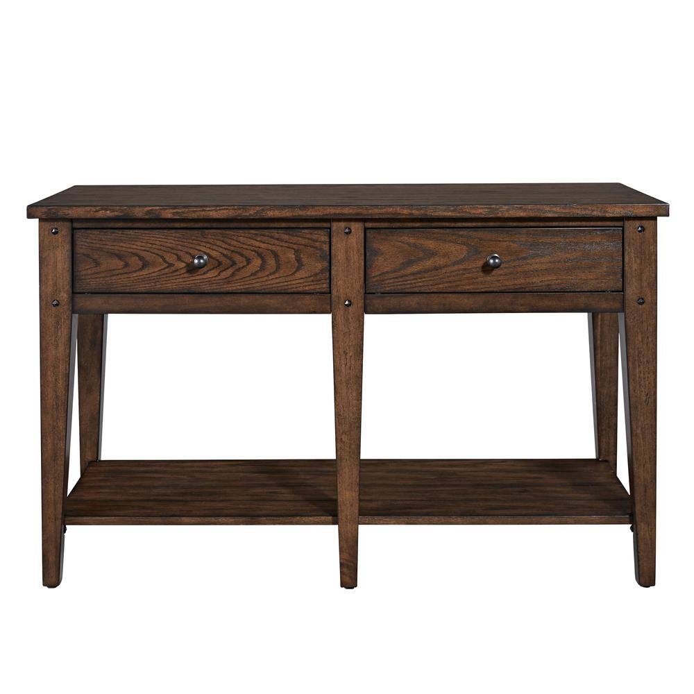 Angle. Liberty Furniture Industries - Lake House Sofa Table in Rustic Brown Oak - Brown.