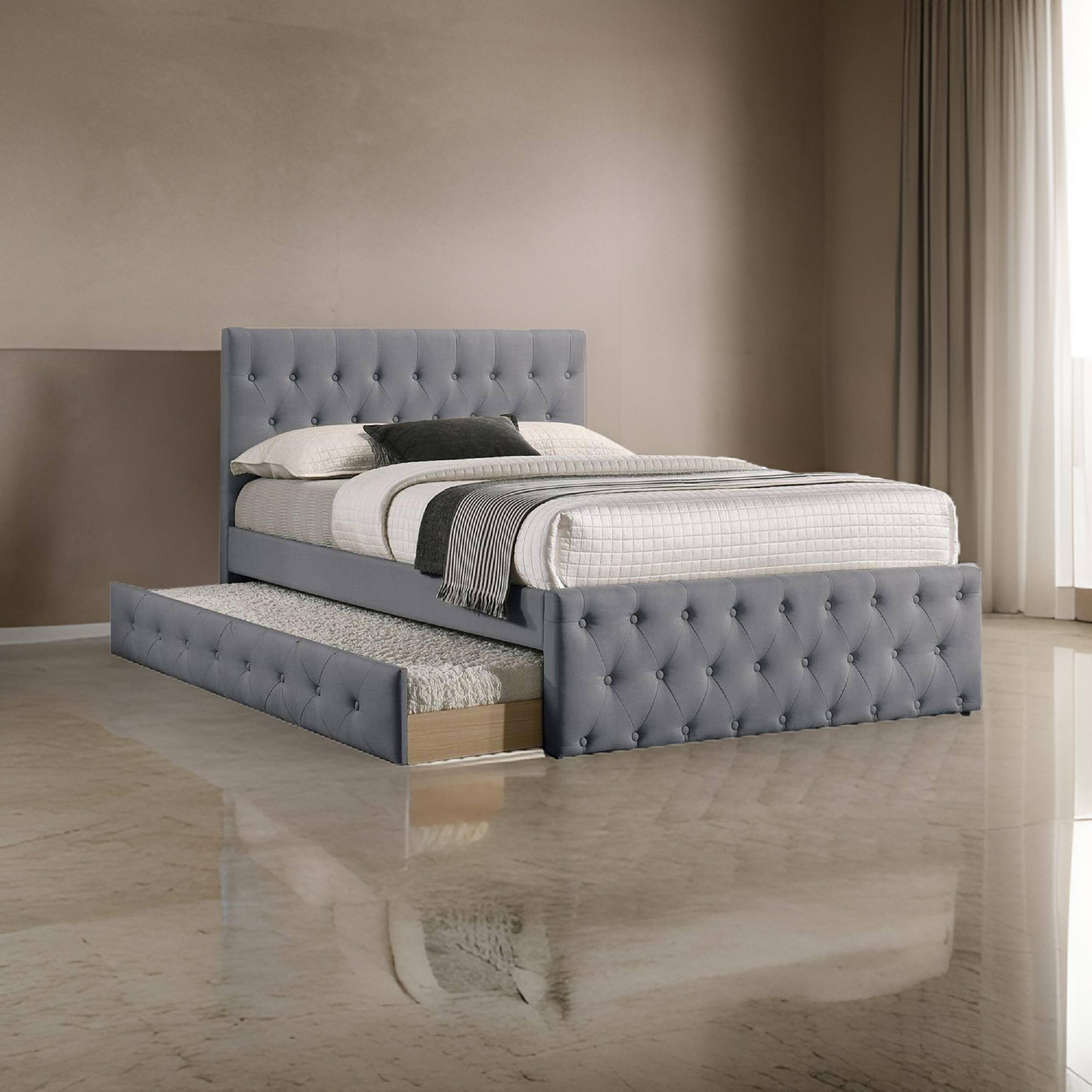 Alt View 5. Manhattan Lane - Nek Wood Twin Size Upholstered Bed with Trundle, Tufted Gray Burlap - Gray.