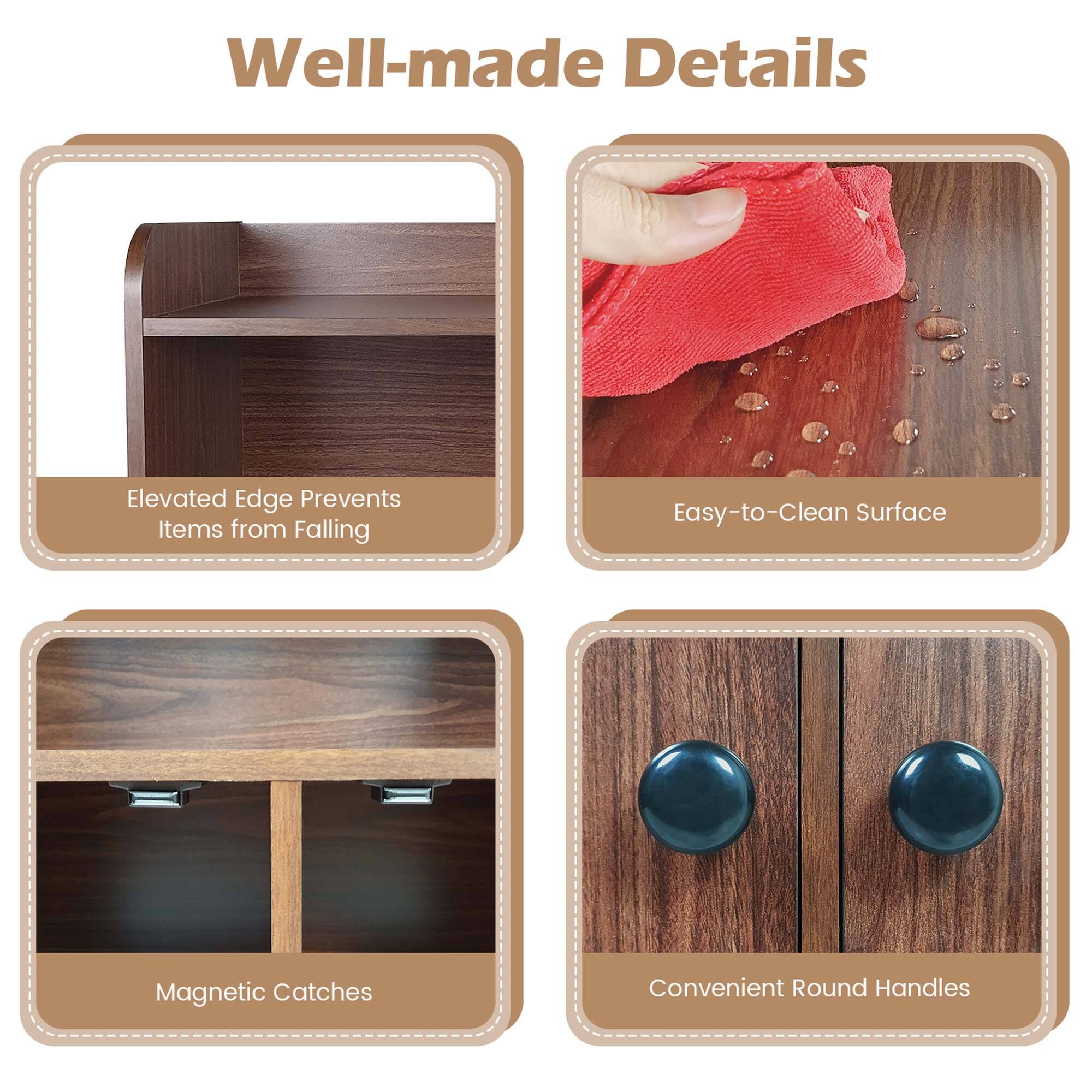 The image showcases the well-made details of a wooden cabinet, which includes an elevated edge to prevent items from falling, an easy-to-clean surface, magnetic catches, and convenient round handles.