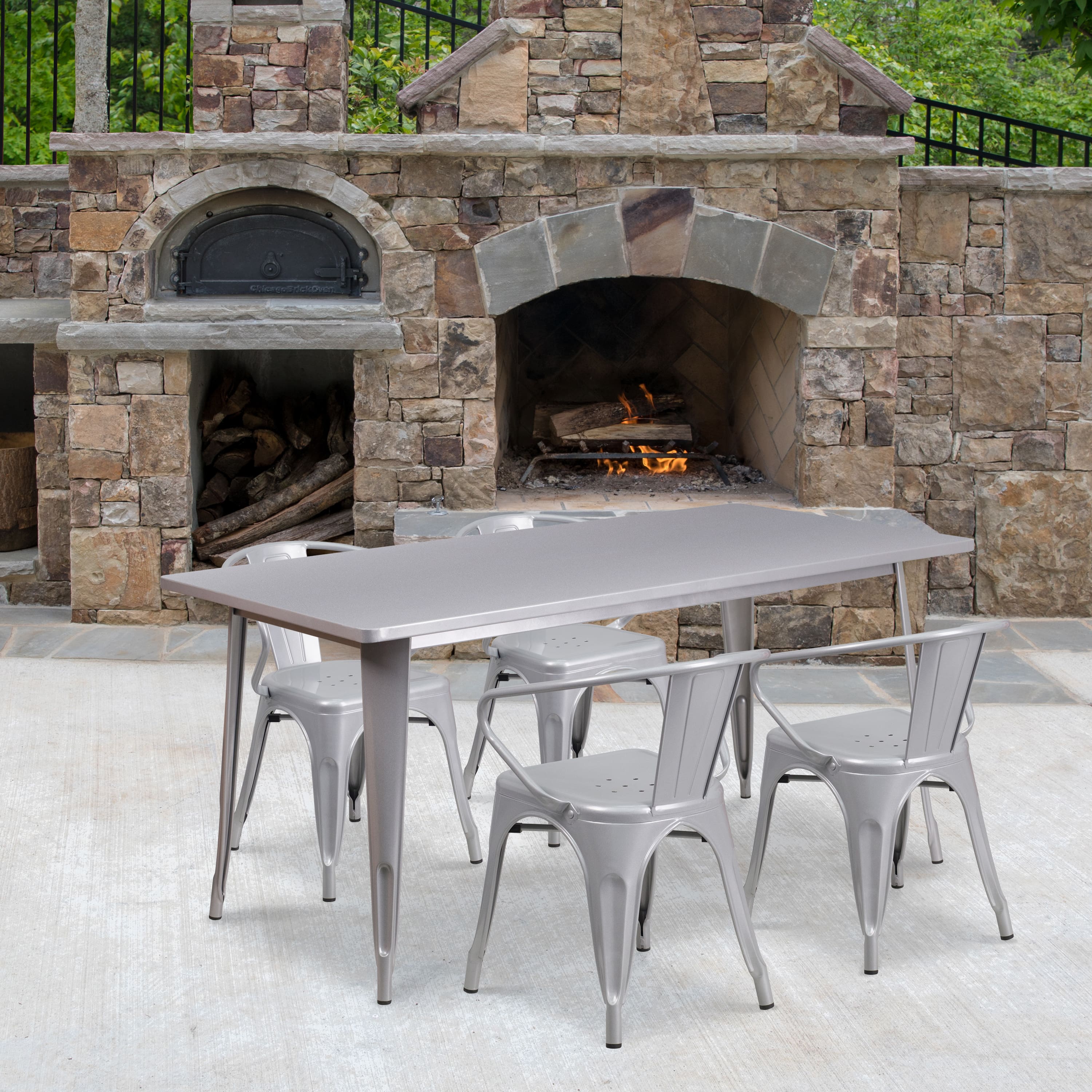 Emma + Oliver - Commercial Grade Rectangular Metal Indoor-Outdoor Table Set with 4 Arm Chairs - Silver price history on PriceWatchPro