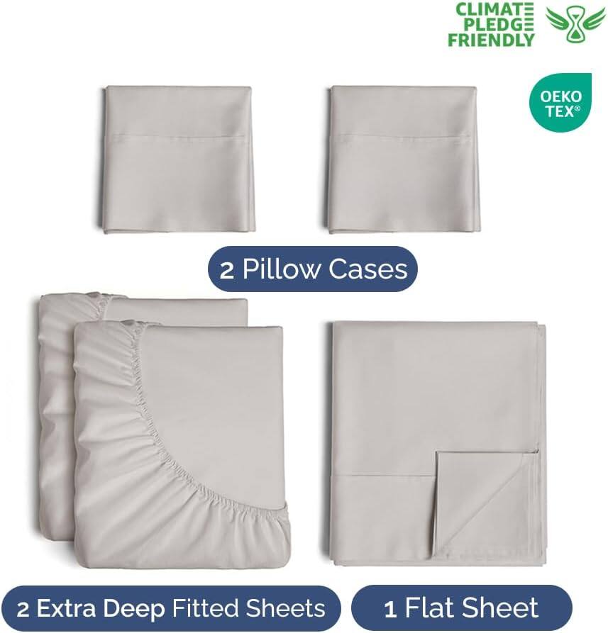 CLIMATE PLEDGE FRIENDLY  
OEKO TEX  

2 Pillow Cases  
2 Extra Deep Fitted Sheets  
1 Flat Sheet