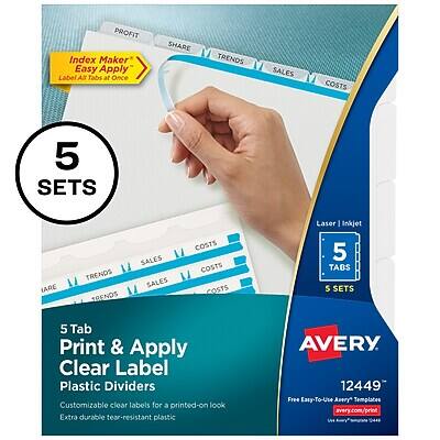 **Avery 12449**

**5 Sets of 5 Tabs**

**Index Maker™ Easy Apply Label**

**Customizable clear labels for a printed-on look**

**Extra durable tear-resistant plastic**

**Laser / Inkjet**

**5 Tabs**

**PROFIT SHARE TRENDS SALES COSTS**

**5 Sets**

**Free Easy-To-Use Avery Templates**

**avery.com/print**