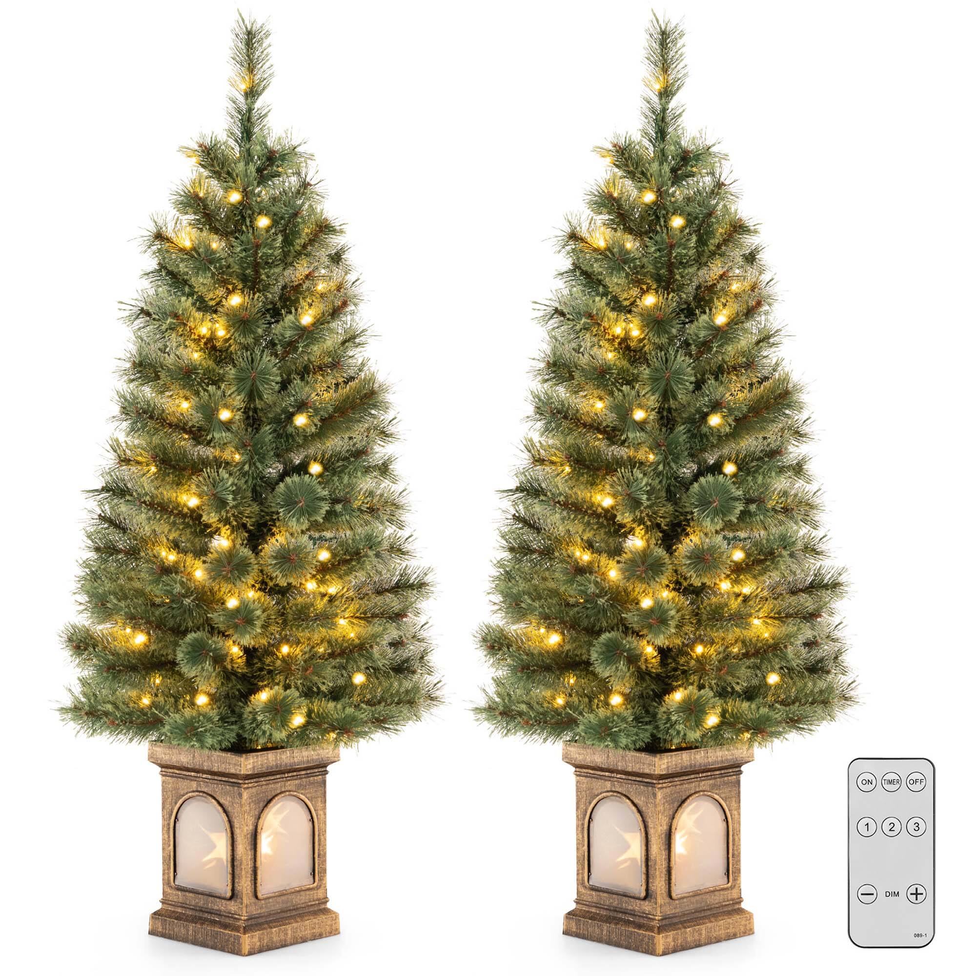 Costway - 2 PCS 4 FT Pre-Lit Potted Christmas Tree Pine Needles 3 Modes Remote Control - Green