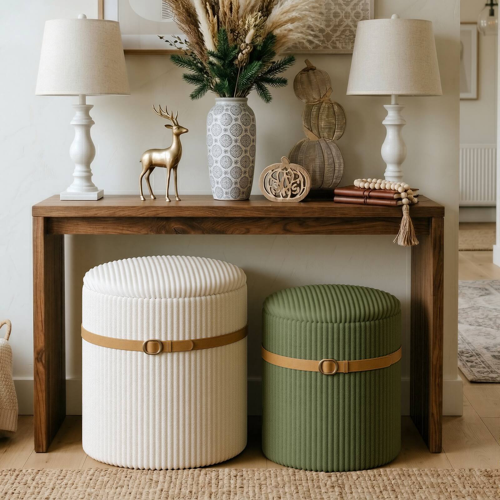Alt View 2. Pinmoco - Pinmoco Round Storage Ottoman Set of 2, Modern Upholstered Foot Rest Stool, 300 lbs Capacity - white green.