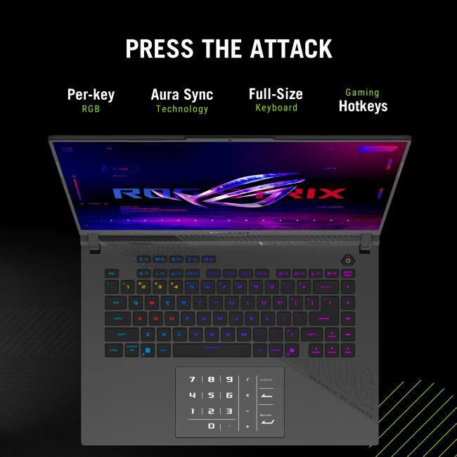 Per-key RGB, Aura Sync Technology, Full-Size Keyboard, Gaming Hotkeys, PRESS THE ATTACK