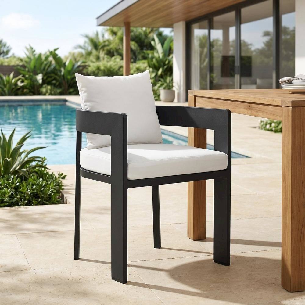 Left. Outdoor Escape - Aluminum Outdoor Patio Dining Chair with Cushioned Seat and Stylish Design - Gray.