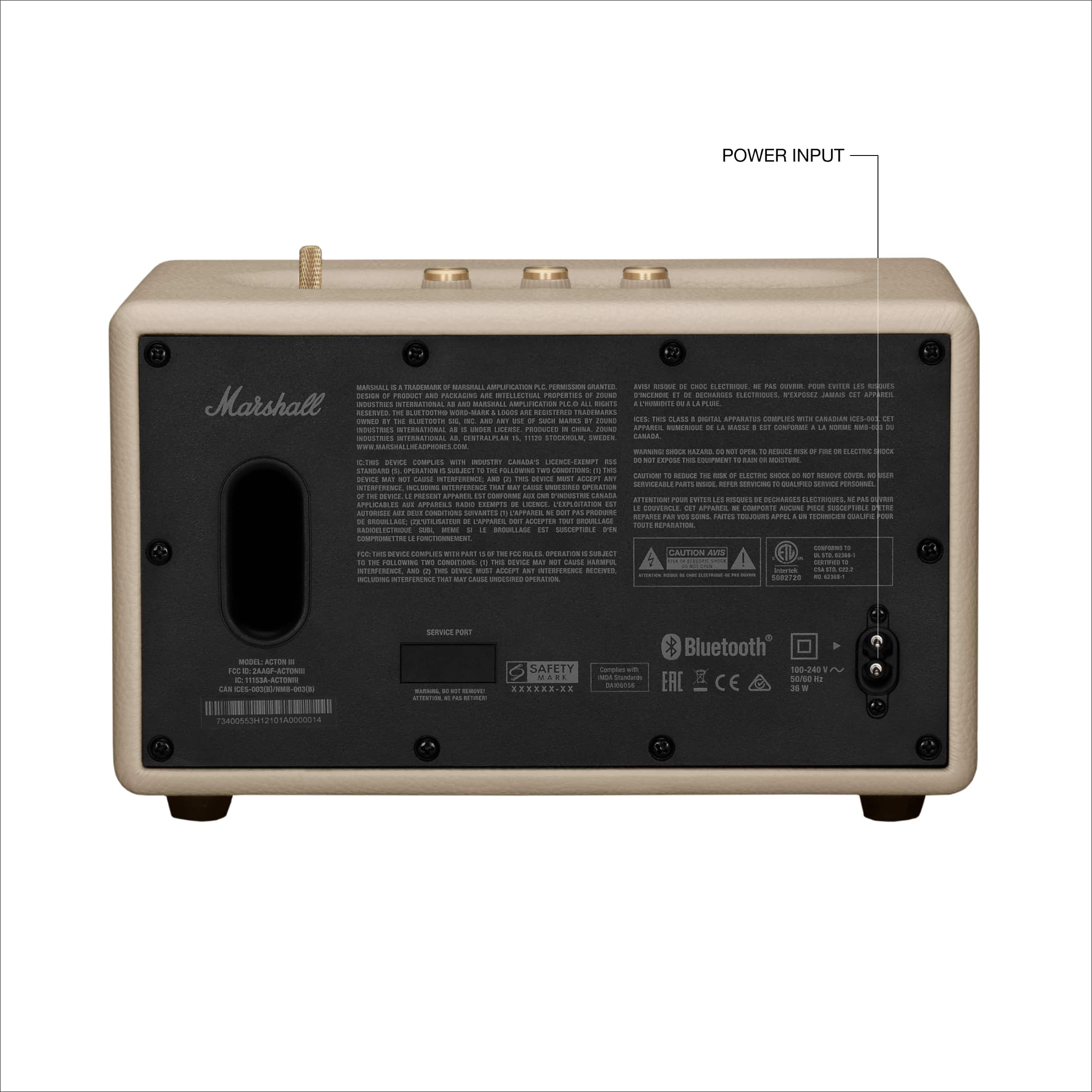 The image shows a small black box with a power input and a Bluetooth logo. The box is labeled "Marshall" and has a power switch on the back. The power input is labeled "Power Input" and is accompanied by a power output label. The box also has a Bluetooth logo, indicating that it is a Bluetooth-enabled device.