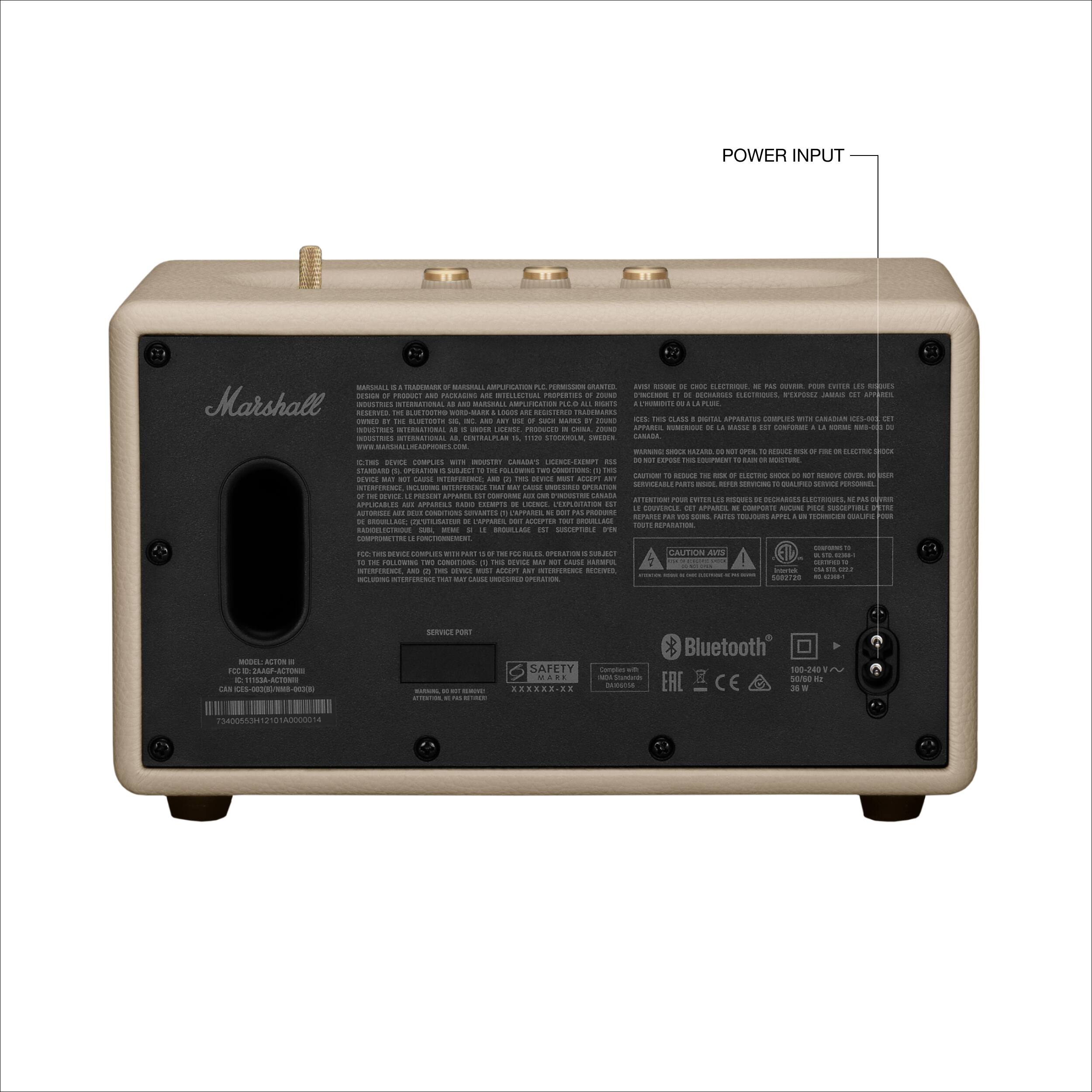The image shows a small black box with a power input and a Bluetooth logo. The box is labeled "Marshall" and has a power switch on the back. The power input is labeled "Power Input" and is accompanied by a power output label. The box also has a Bluetooth logo, indicating that it is a Bluetooth-enabled device.