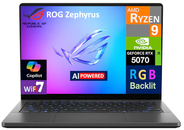ROG Zephyrus
REPUBLIC OF GAMERS
AMD Ryzen 9
NVIDIA GeForce RTX 5070
AI POWERED
Copilot
WiFi 7
RGB Backlit