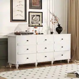 Aheaplus - 9-Drawer Wood Dresser: Versatile Chest of Drawers for Bedroom, Living Room and Hallway Storage - White