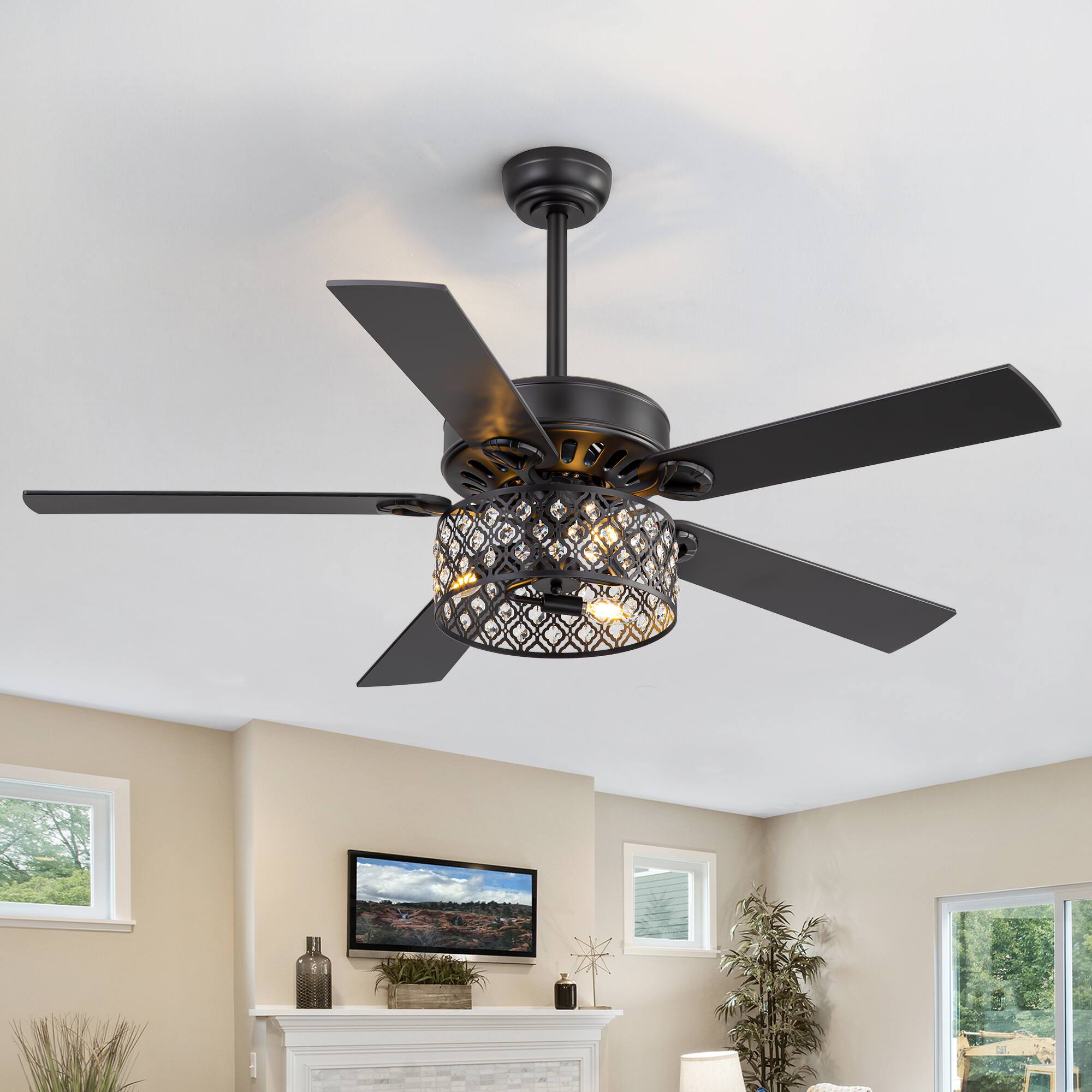 Left. Breezary - 52 Inch Ceiling Fan with Light, Crystal Drum Shade, 5 Dual-Finish Blades, Remote, 5&10 Inch Downrods - matte black and walnut.