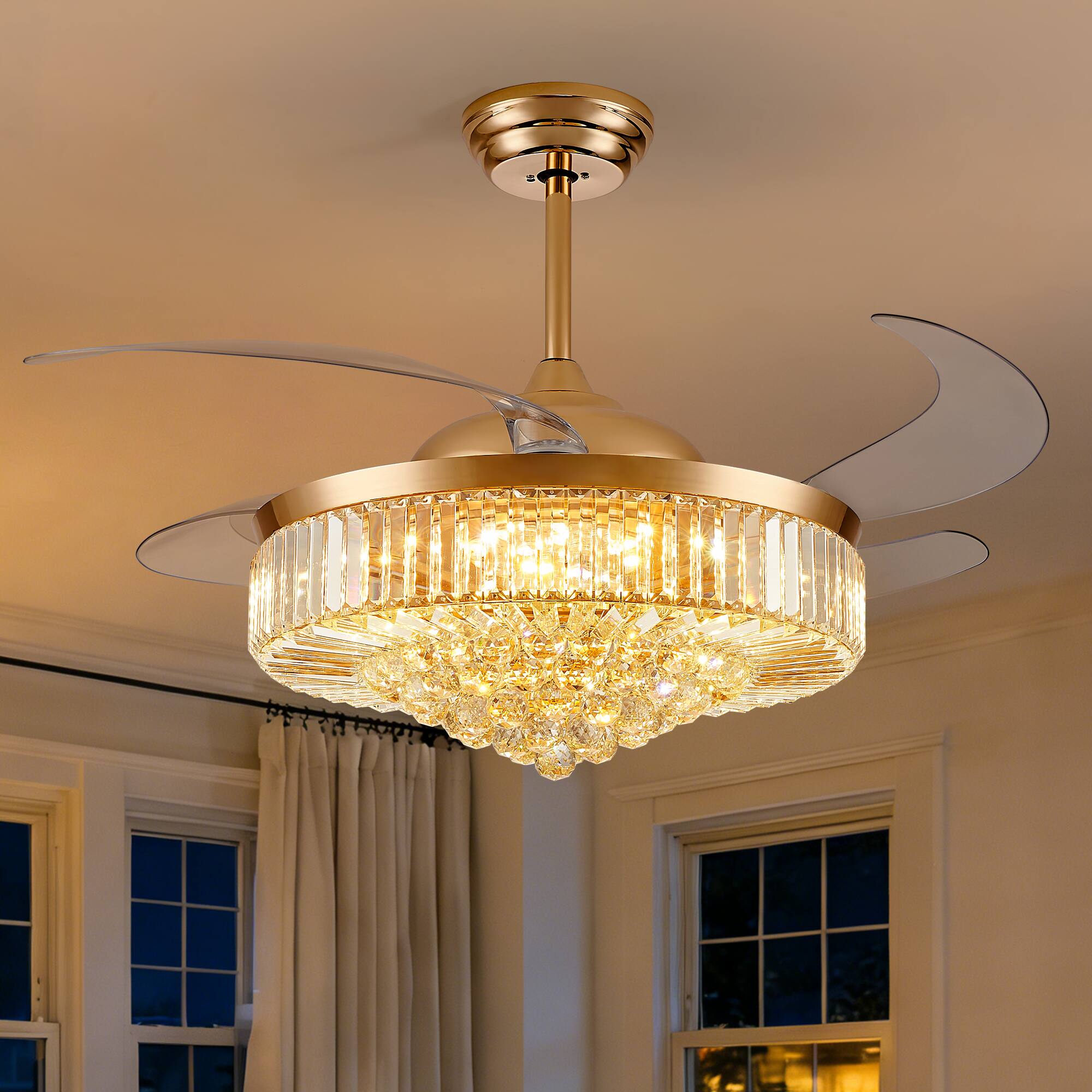 Angle. Siljoy - 52 Inch Crystal Retractable Ceiling Fan with LED Light Remote and App Control for Bedroom Kitchen and Living Room - Gold.