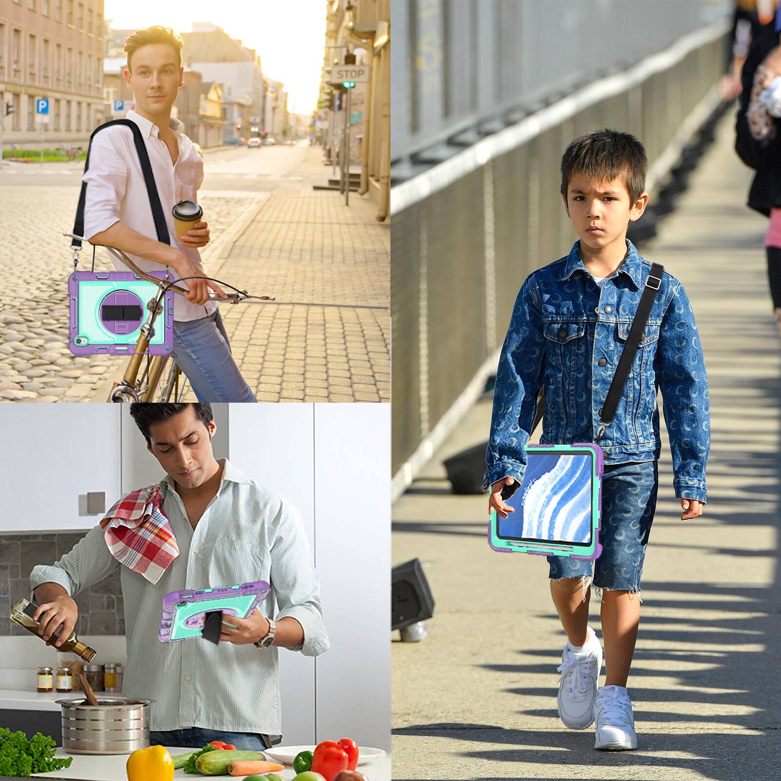 Alt View 4. Dteck - For Apple iPad (A16) 11" 2025/10th 2022 Three-Layer Hybrid Kickstand Pencil Holder Hand/Shoulder Strap Shockproof Case - Purple+Mint.