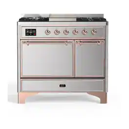 ILVE - Majestic II Series 40 in. Dual Fuel Range with 6 Sealed Burners + Griddle (Natural Gas, Copper Trim) - Stainless Steel