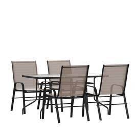 Emma + Oliver - Five Piece Patio Table Set with Metal Table with Tempered Glass Top and 4 Flex Comfort Stacking Chairs - Brown