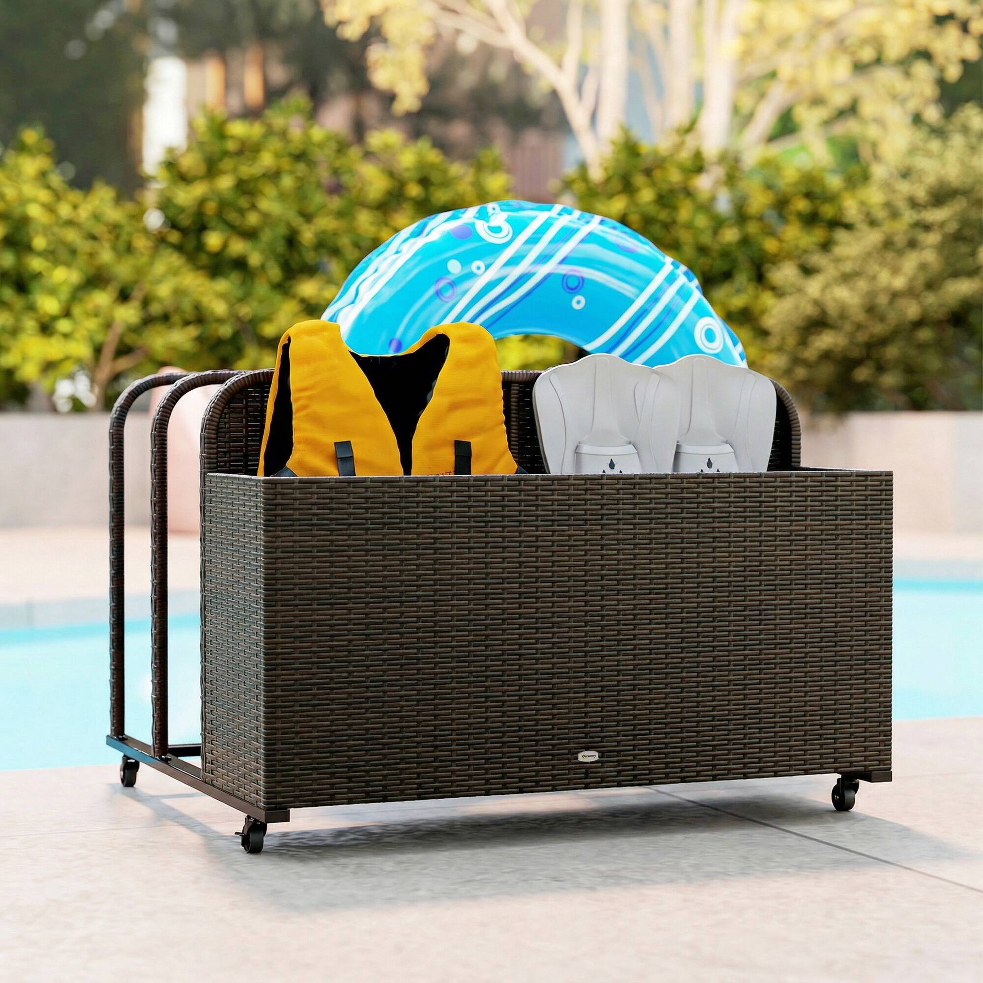 Alt View 8. Outsunny - Rattan Pool Float Storage Organizer with Wheels - Mixed Brown.