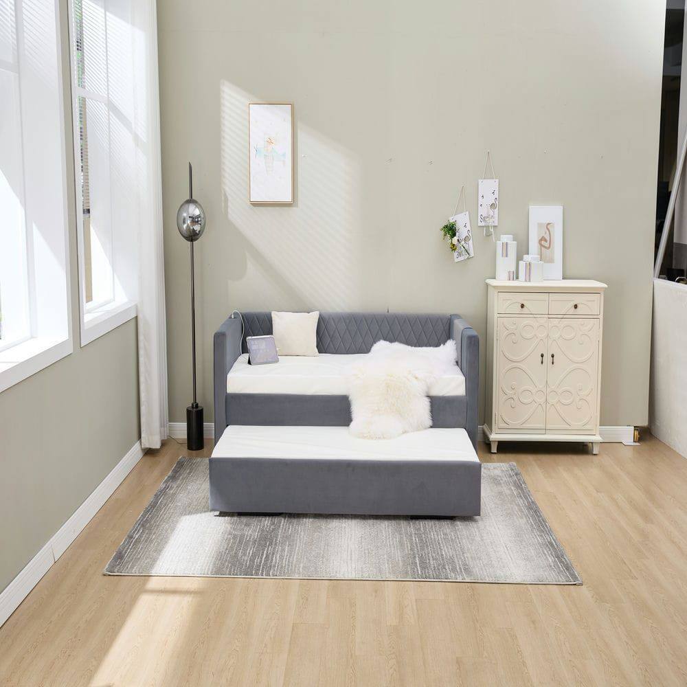 Alt View 10. Kadyn - Velvet Daybed with Sturdy Wood Frame, Modern Diamond Grid Pull-Out Design for Bedroom Living Room - Gray.