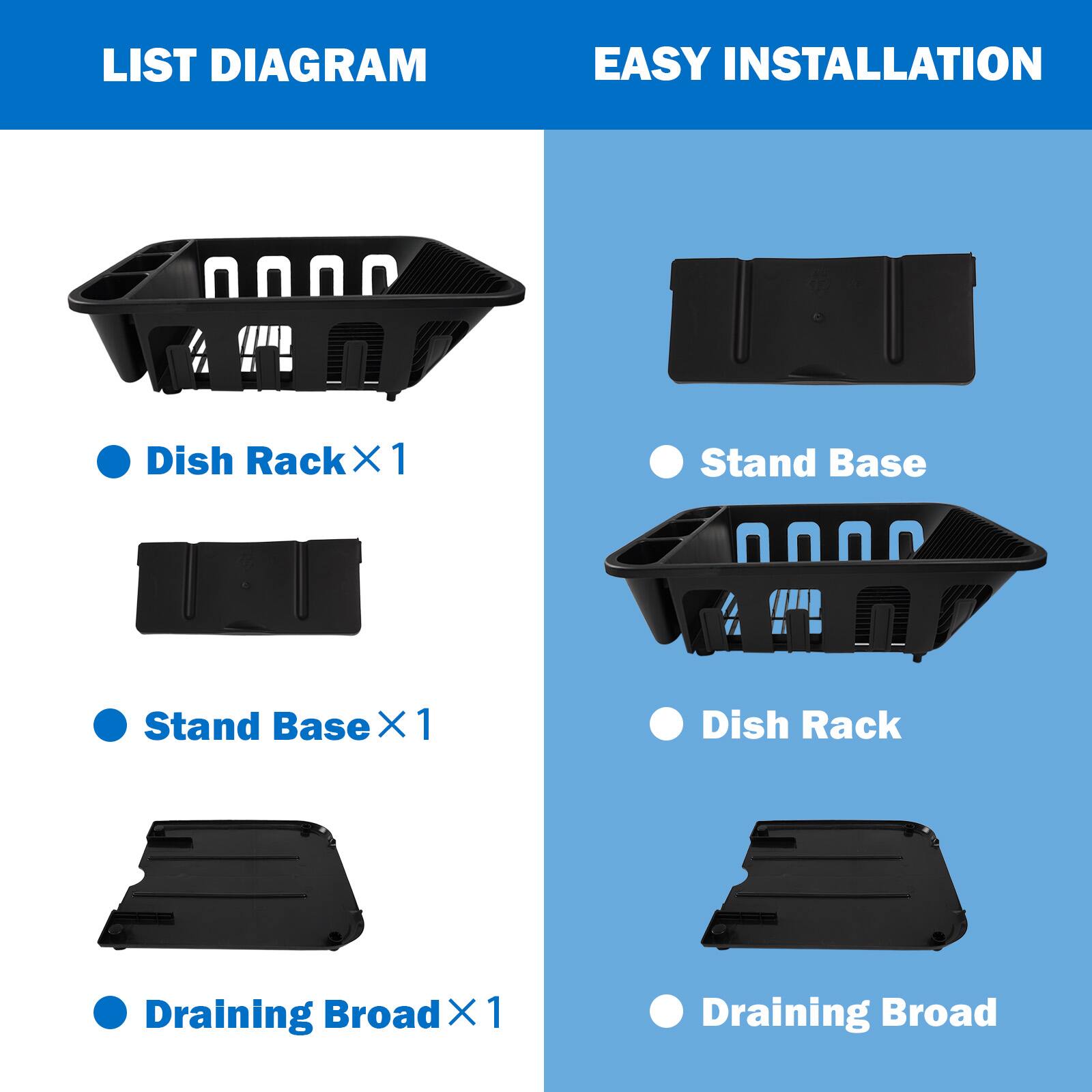 LIST DIAGRAM  
- Dish Rack X 1  
- Stand Base X 1  
- Draining Broad X 1  

EASY INSTALLATION  
- Stand Base  
- Dish Rack  
- Draining Broad