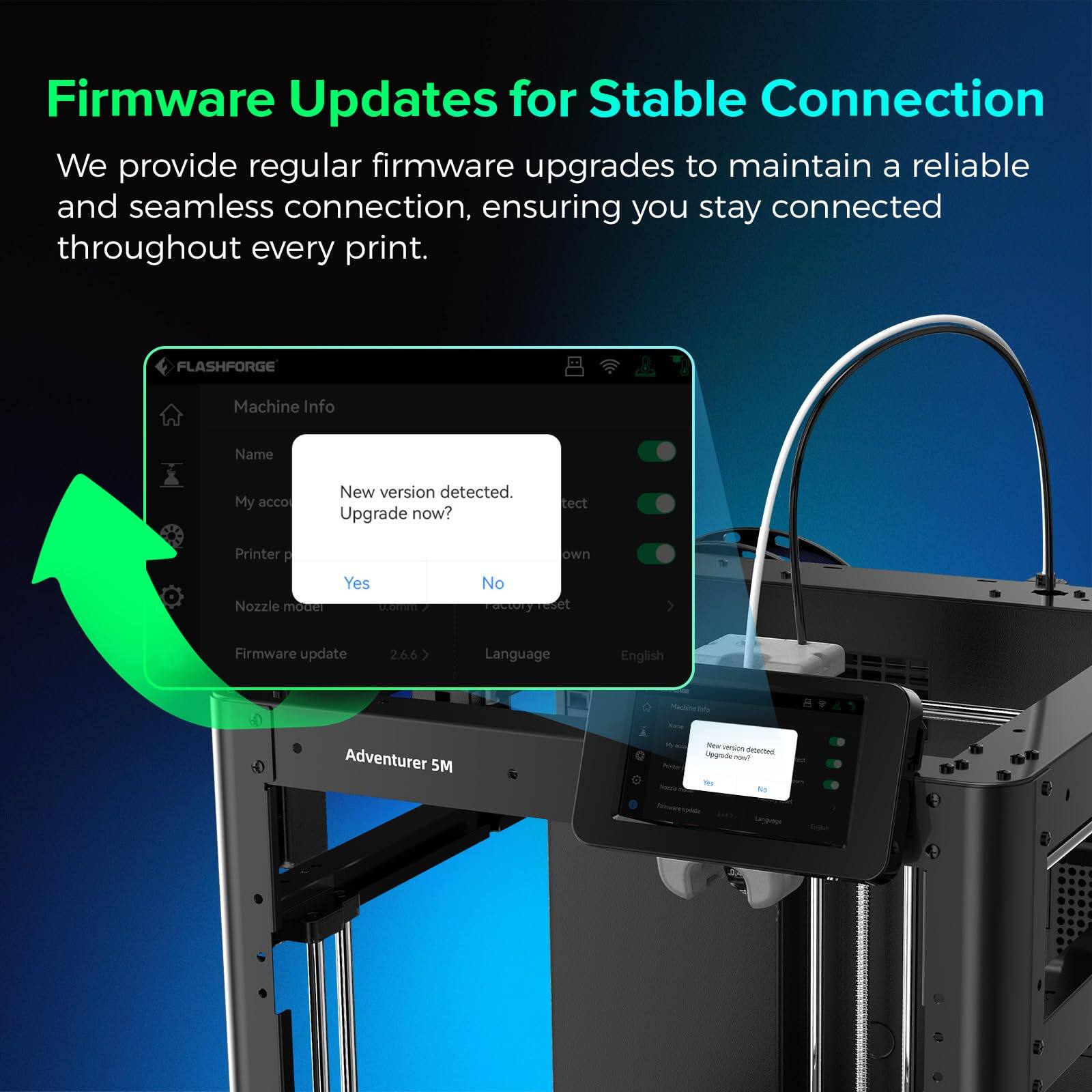 Firmware Updates for Stable Connection

We provide regular firmware upgrades to maintain a reliable and seamless connection, ensuring you stay connected throughout every print.

FLASHFORGE

Machine Info
Name: My acco
Printer: Adventurer 5M
Nozzle mode: -
Firmware update: 2.6.6
Language: English

New version detected. Upgrade now?
Yes No
