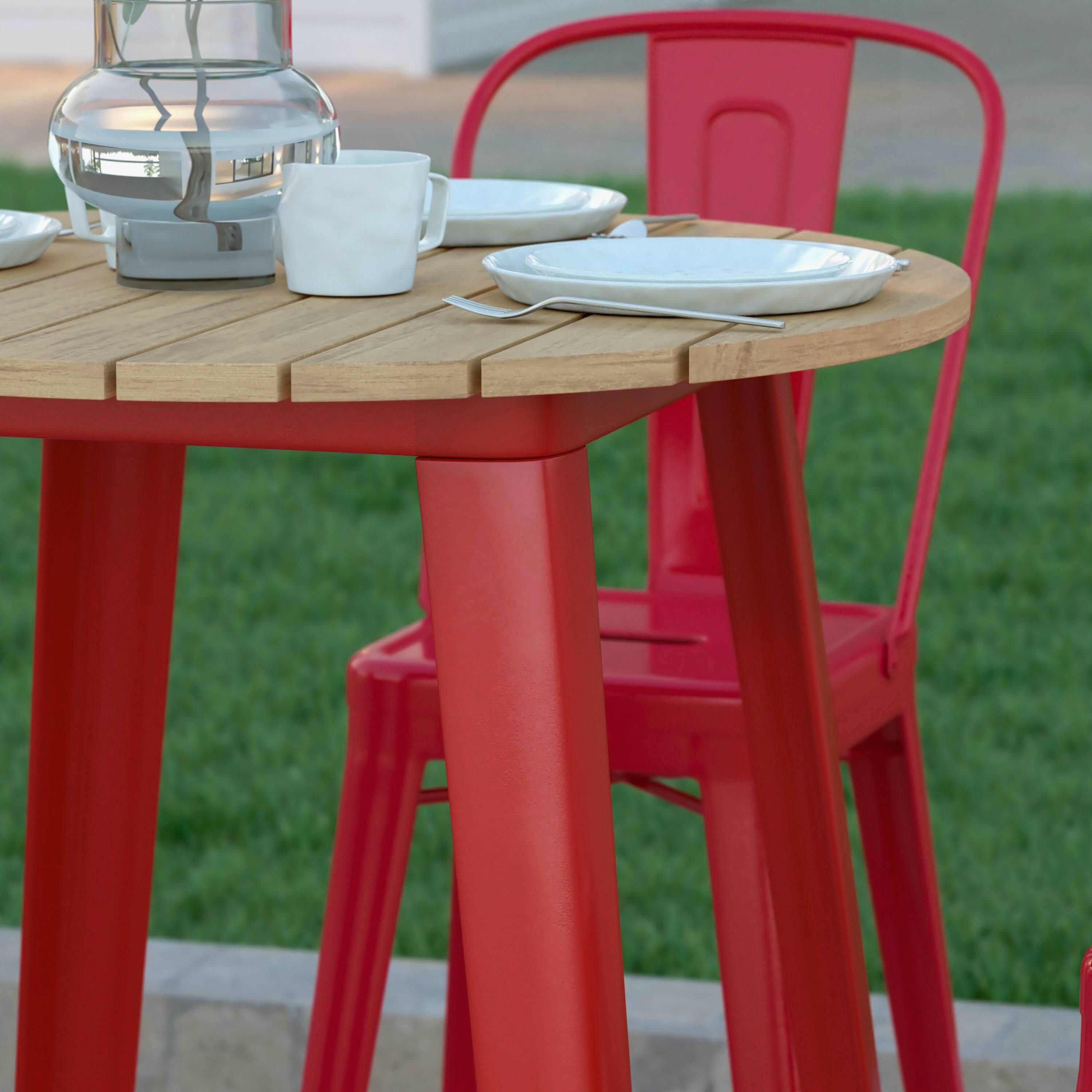 Alt View 4. Emma + Oliver - Drew Indoor/Outdoor Bar Top Table, 30" Round All Weather Poly Resin Top with Steel base - Brown Top/Red Frame.