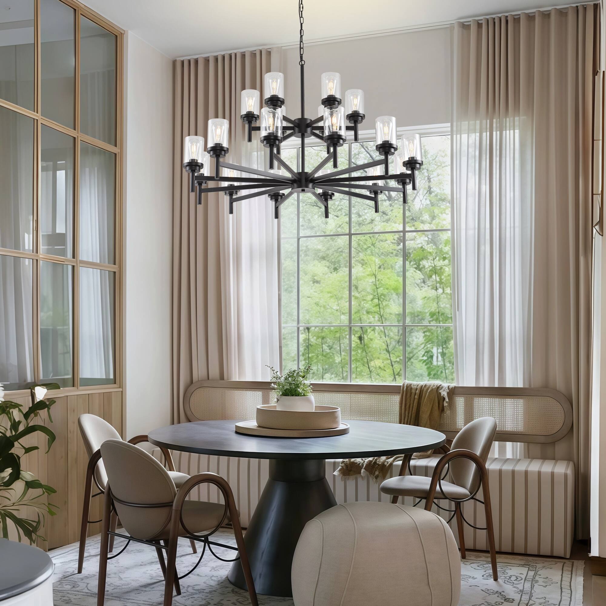 Back. RYHNUYNE - 18-Light Dining Room Light Fixture Over Table,Black Farmhouse Glass Chandelier,Industrial Lighting for Living Room Foyer - Black.