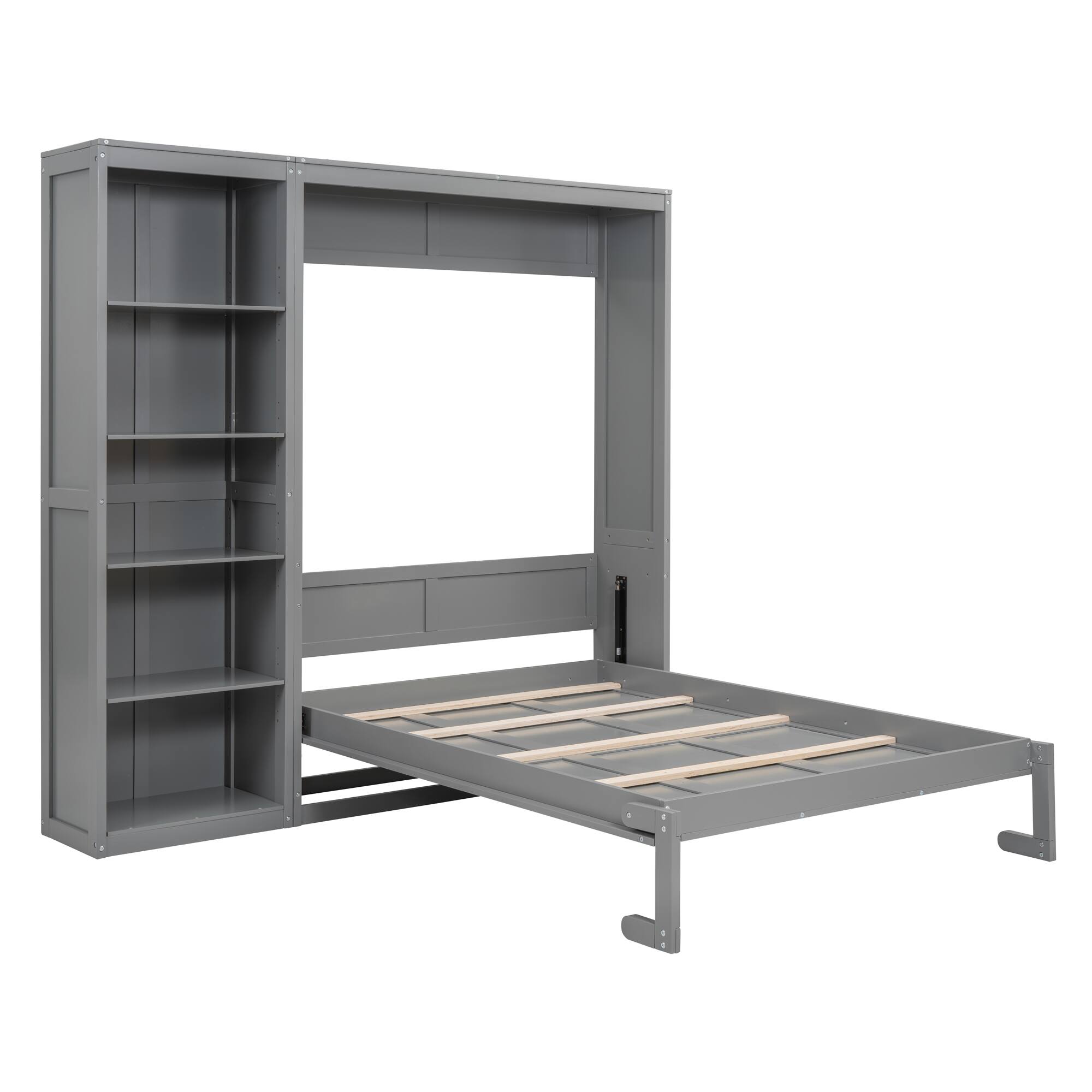 Alt View 1. Tiramisubest - Full Size Gray Murphy Wall Bed with Shelves, Solid Wood+MDF, Space-Saving - Gray.