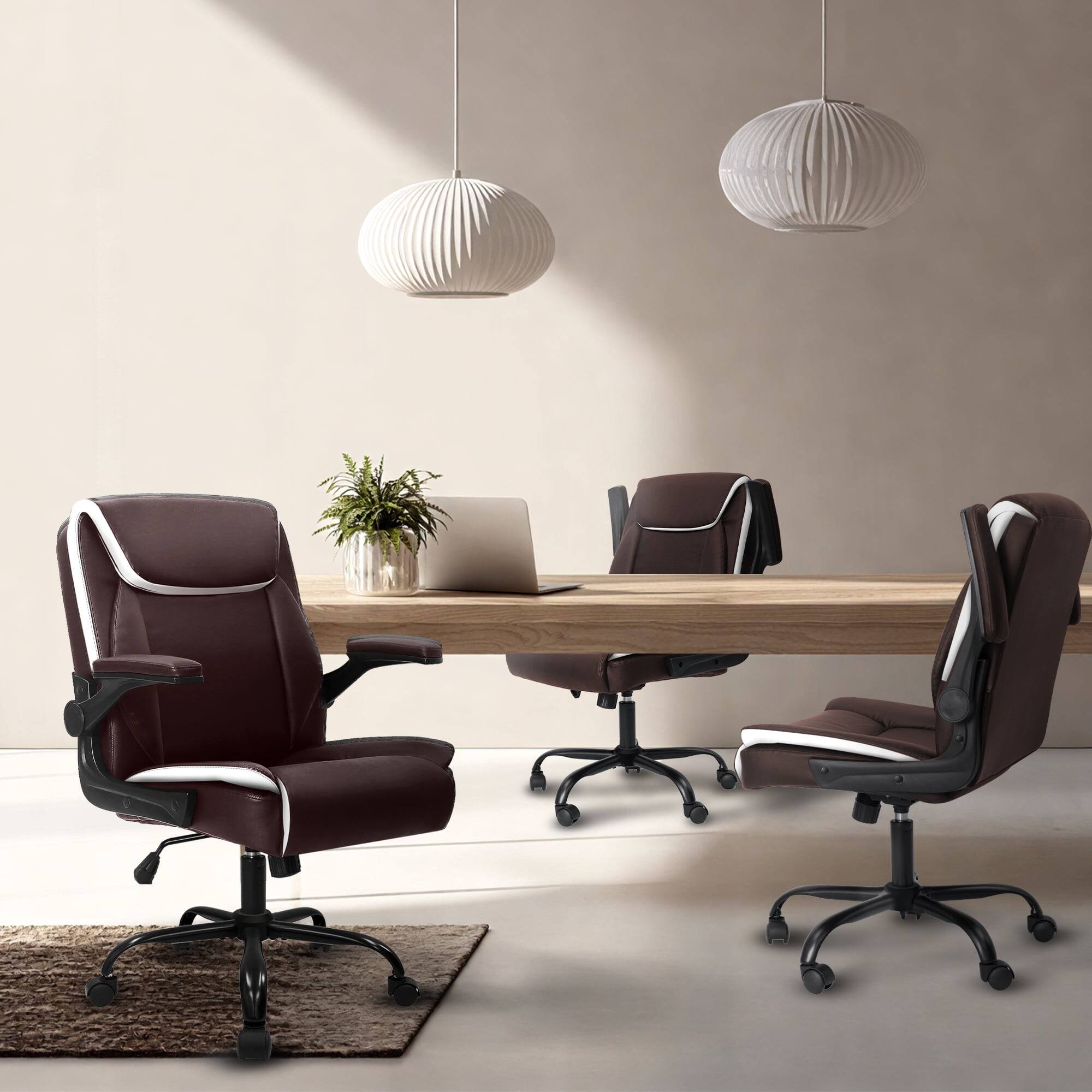 Alt View 9. Neo Chair - Desk Office Gaming Chair Ergonomic Executive Mid-Back Leather Padded Flip-Up Armrests Cushion Wheels Home Office - 1. Brown.