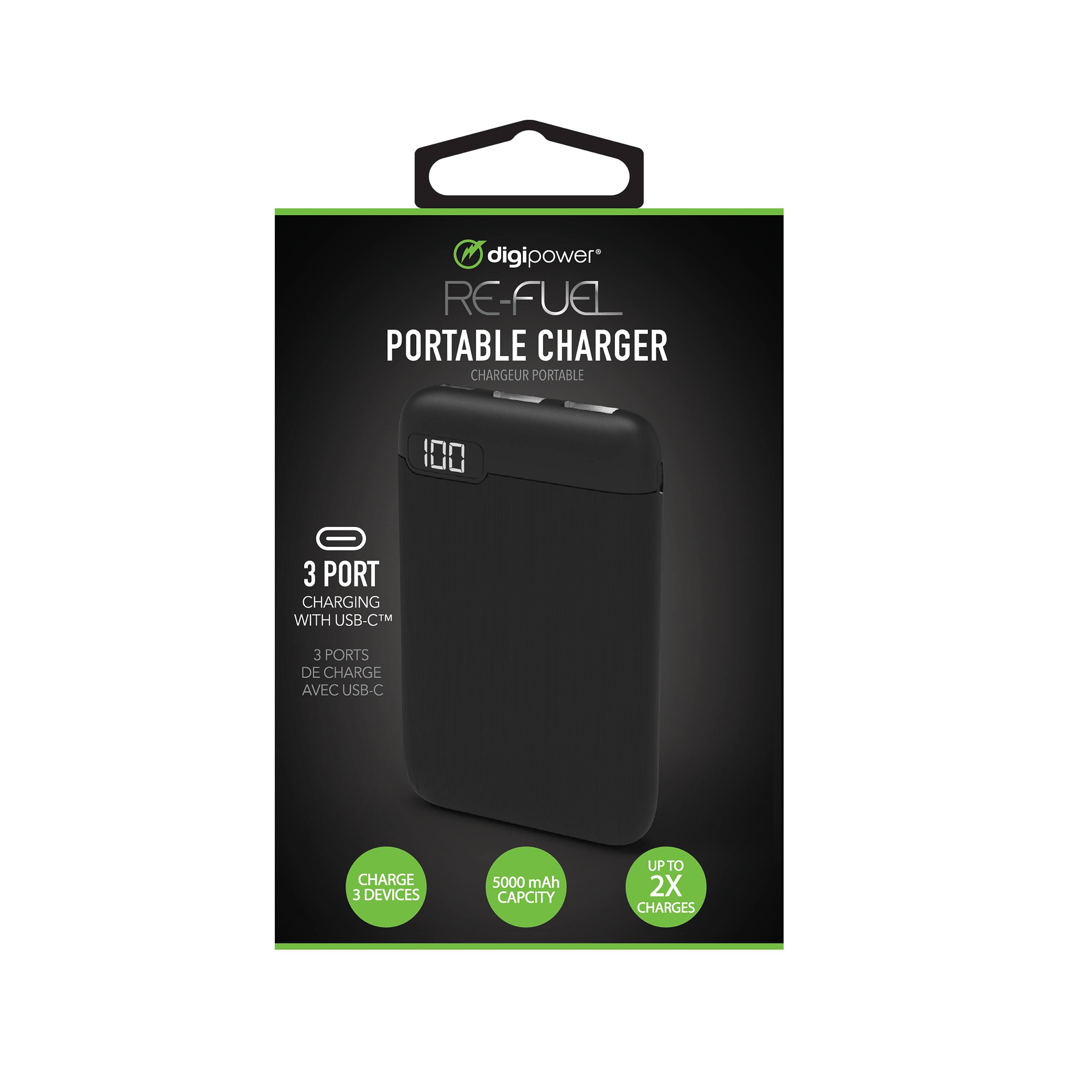 digipower* RE-FUEL PORTABLE CHARGER CHARGEUR PORTABLE 100 3 PORT CHARGING WITH USB-CM TM 3 PORTS DE CHARGE AVEC USB-C CHARGE 3 DEVICES 5000 mAh CAPACITY UP TO 2X CHARGES