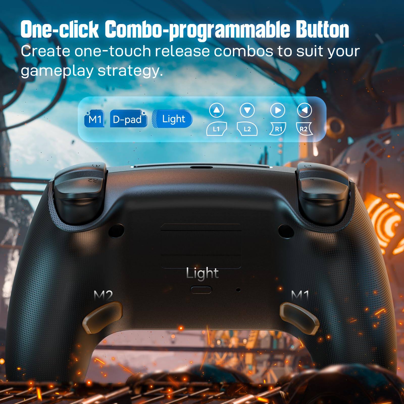 One-click Combo-programmable Button  
Create one-touch release combos to suit your gameplay strategy.  

M1 D-pad Light  
L1 L2 R1 R2