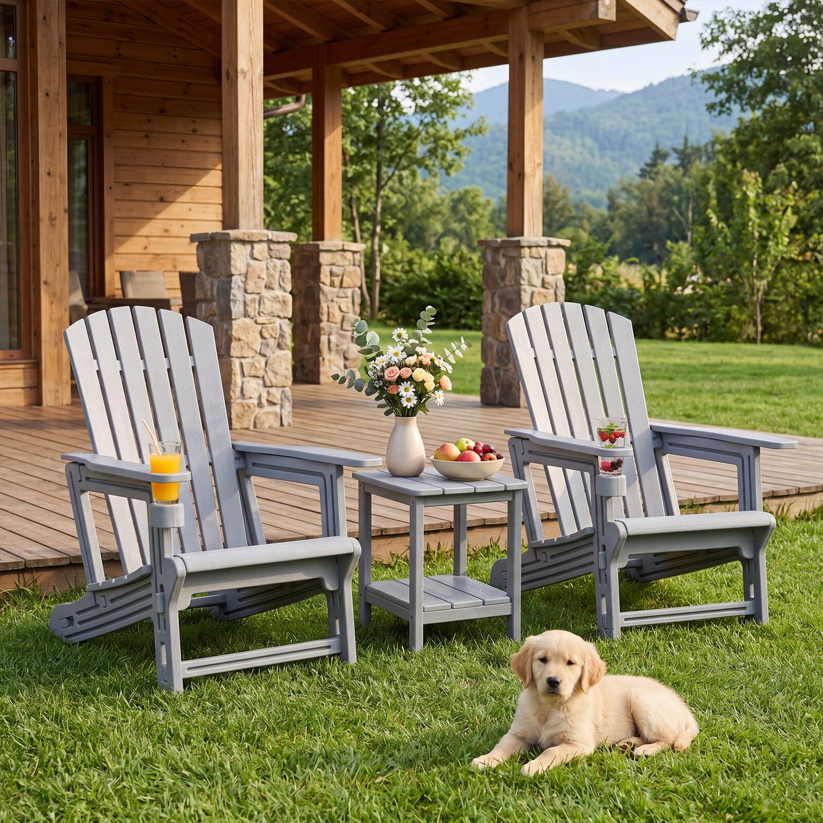 Alt View 1. Costway - Costway 1 PCS HDPE Adirondack Chair with Cup Holder, Wood-Like Texture, High Backrest & Wide Seat - Gray.