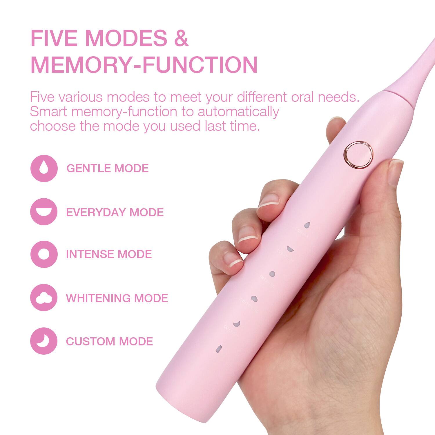 FIVE MODES & MEMORY-FUNCTION

Five various modes to meet your different oral needs. Smart memory-function to automatically choose the mode you used last time.

- GENTLE MODE
- EVERYDAY MODE
- INTENSE MODE
- WHITENING MODE
- CUSTOM MODE