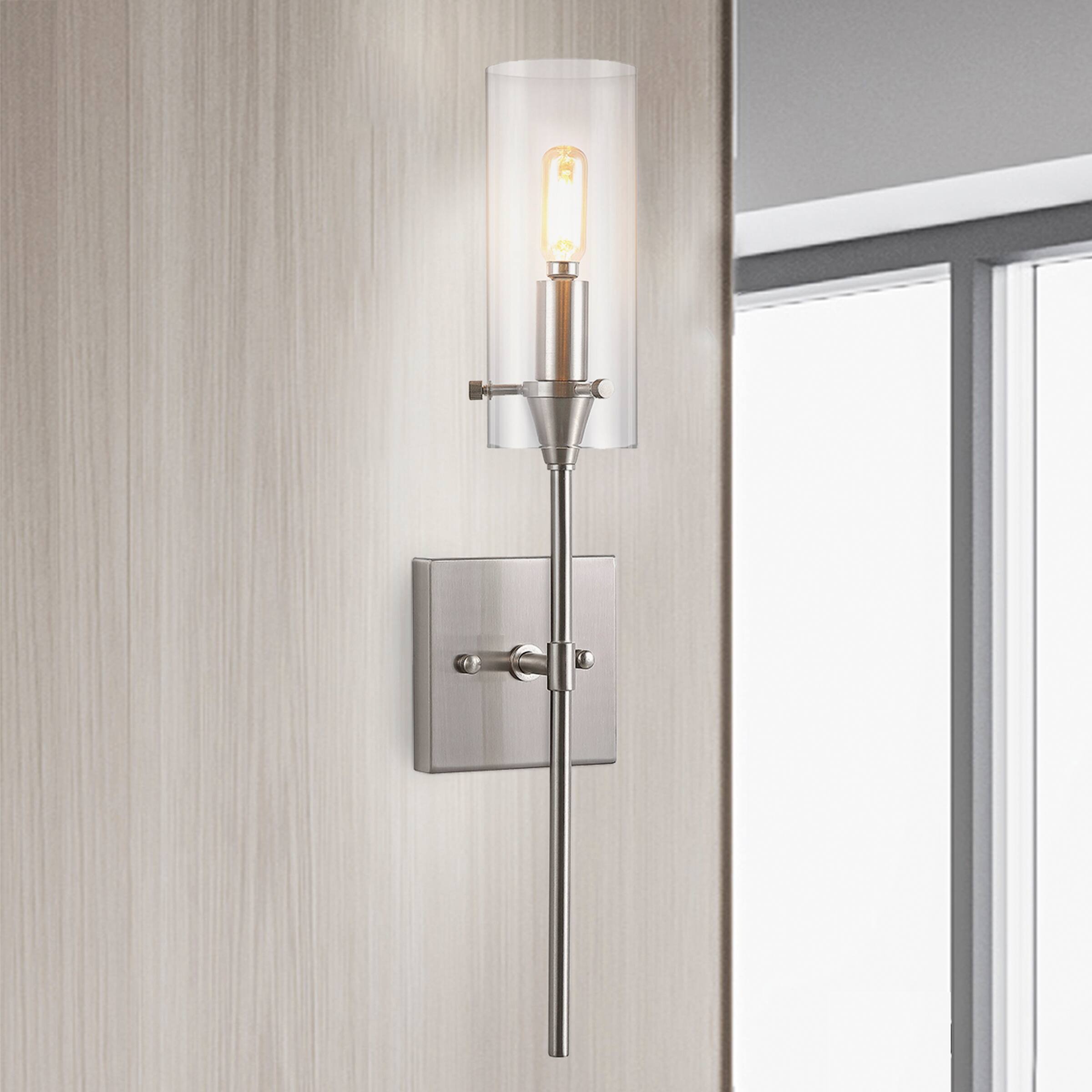 Alt View 1. Jonathan Y - Cato 4.5" 1-Light Bohemian Farmhouse Iron/Glass LED Vanity, Nickel/Clear - Nickel.