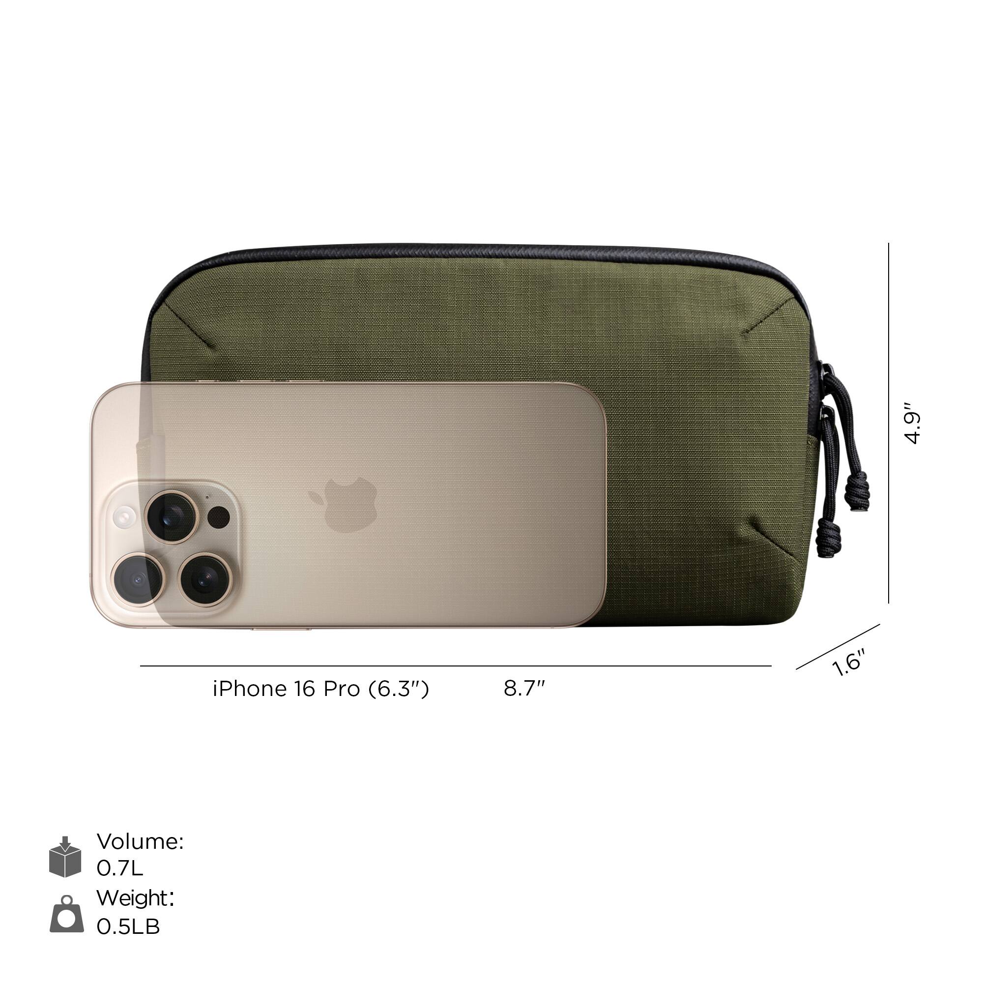 4.9" iPhone 16 Pro (6.3")  
8.7" x 1.6"  
Volume: 0.7L  
Weight: 0.5LB