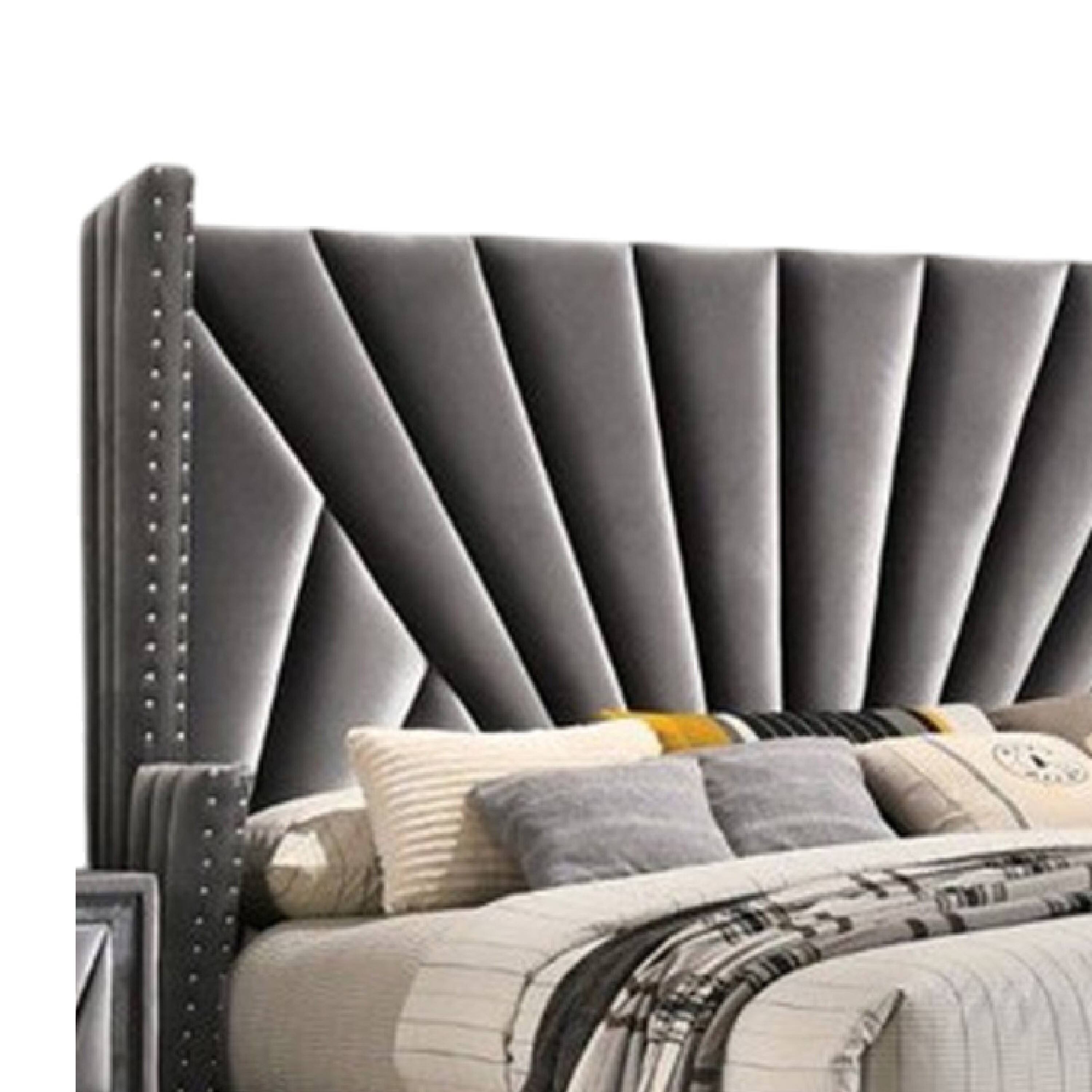 Alt View 2. Manhattan Lane - Ino Queen Size Bed w Wingback Headboard, Gray Fabric Upholstery - Gray, Chrome.