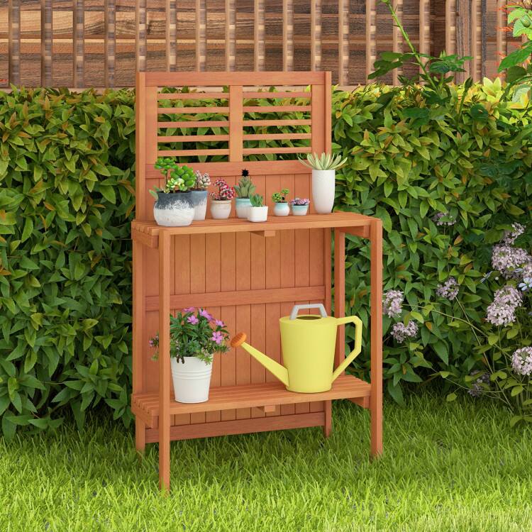 Alt View 1. SlickBlue - Teak Oil Finished Folding Potting Bench with 2 Tier Storage for Garden Yard - Natural.