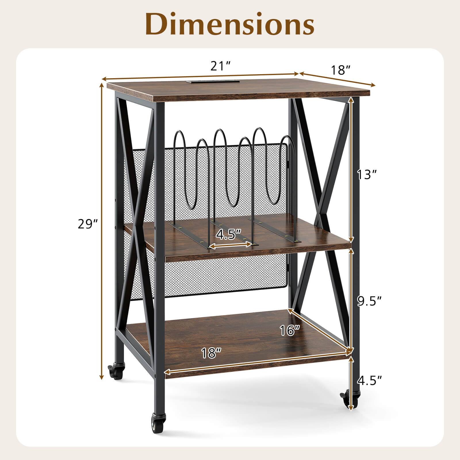 Dimensions:  
- Length: 21"  
- Width: 18"  
- Height: 29"  
- Shelf 1 Depth: 13"  
- Shelf 1 Height: 4.5"  
- Shelf 2 Depth: 16"  
- Shelf 2 Height: 9.5"  
- Shelf 3 Height: 4.5"