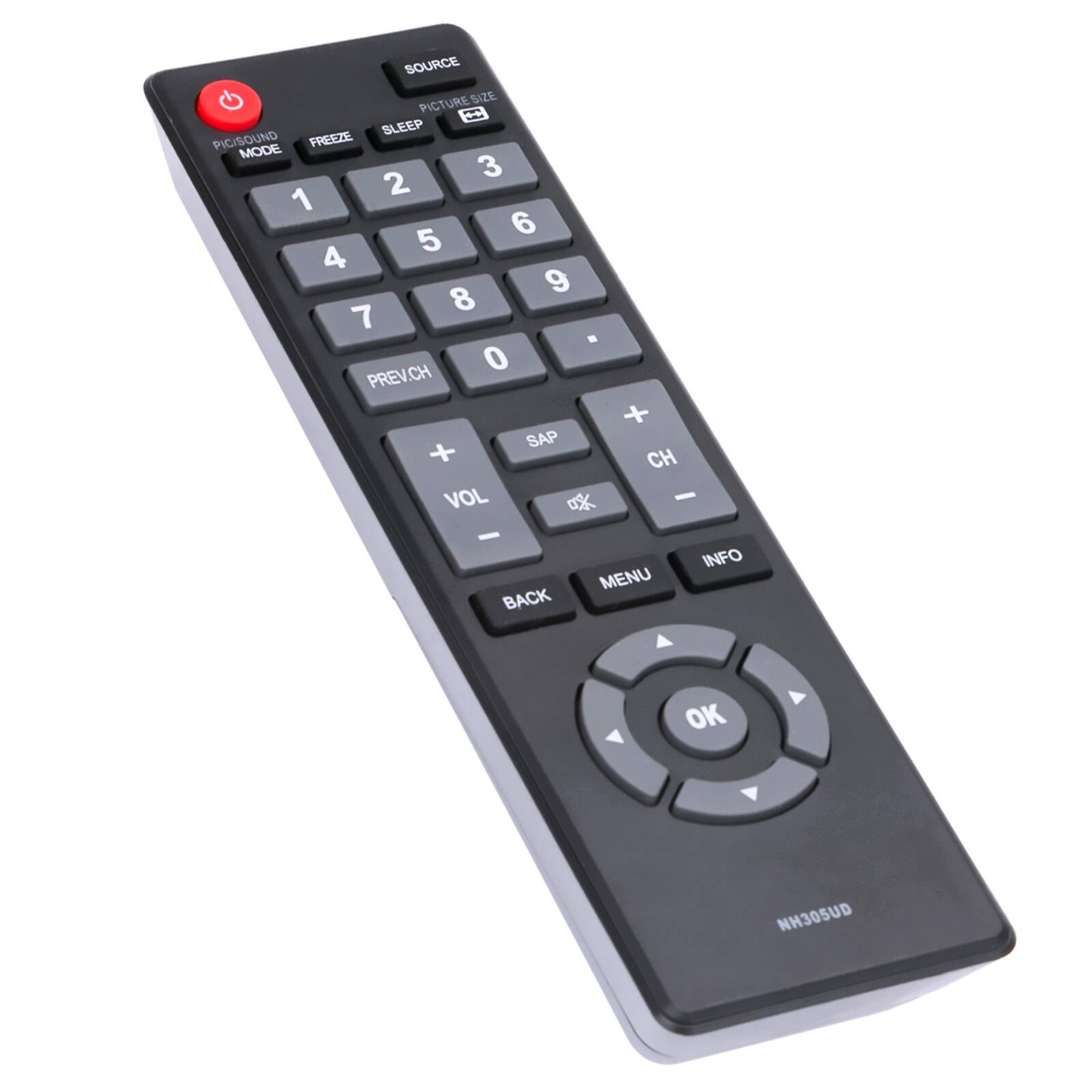 SOURCE PICTURE SIZE SOUND FREEZE MODE 3 2 1 6 5 4 9 8 7 - 0 PREV.CH + SAP + CH VOL - - INFO MENU BACK OK NH305UD