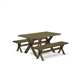 East West Furniture - X2-776 3 Piece Kitchen Table Set - 1 Distressed Jacobean Dining Room Table and 2 Dining Bench - Multi-Color