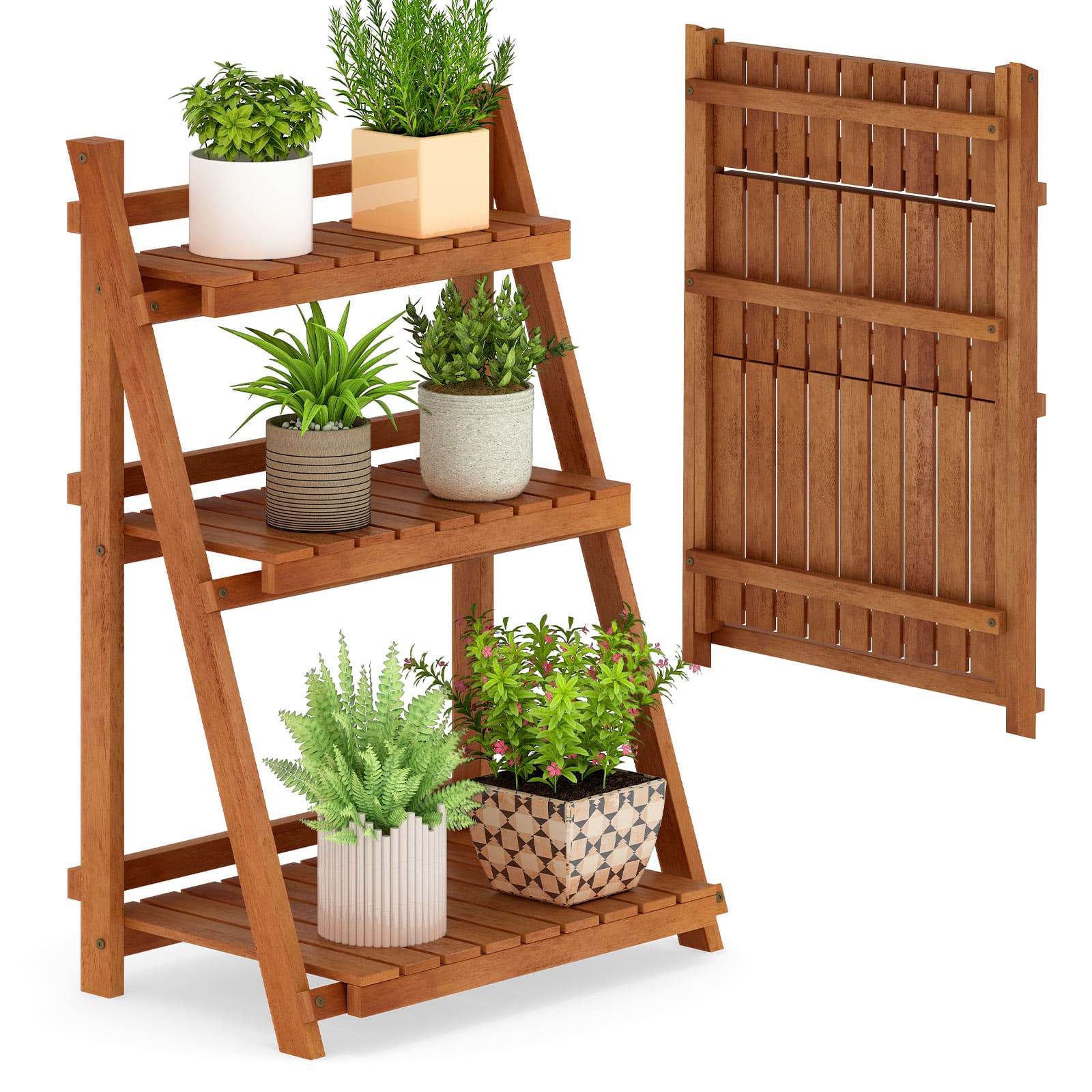 Gymax - 3-Tier Wood Plant Stand Folding Flower Rack w/Ladder Design Anti-falling Bars - Yellow
