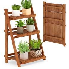 Front. Gymax - Gymax 3-Tier Wood Plant Stand Folding Flower Rack w/Ladder Design Anti-falling Bars - Yellow.