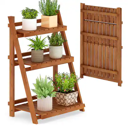 Front. Gymax - Gymax 3-Tier Wood Plant Stand Folding Flower Rack w/Ladder Design Anti-falling Bars - Yellow.