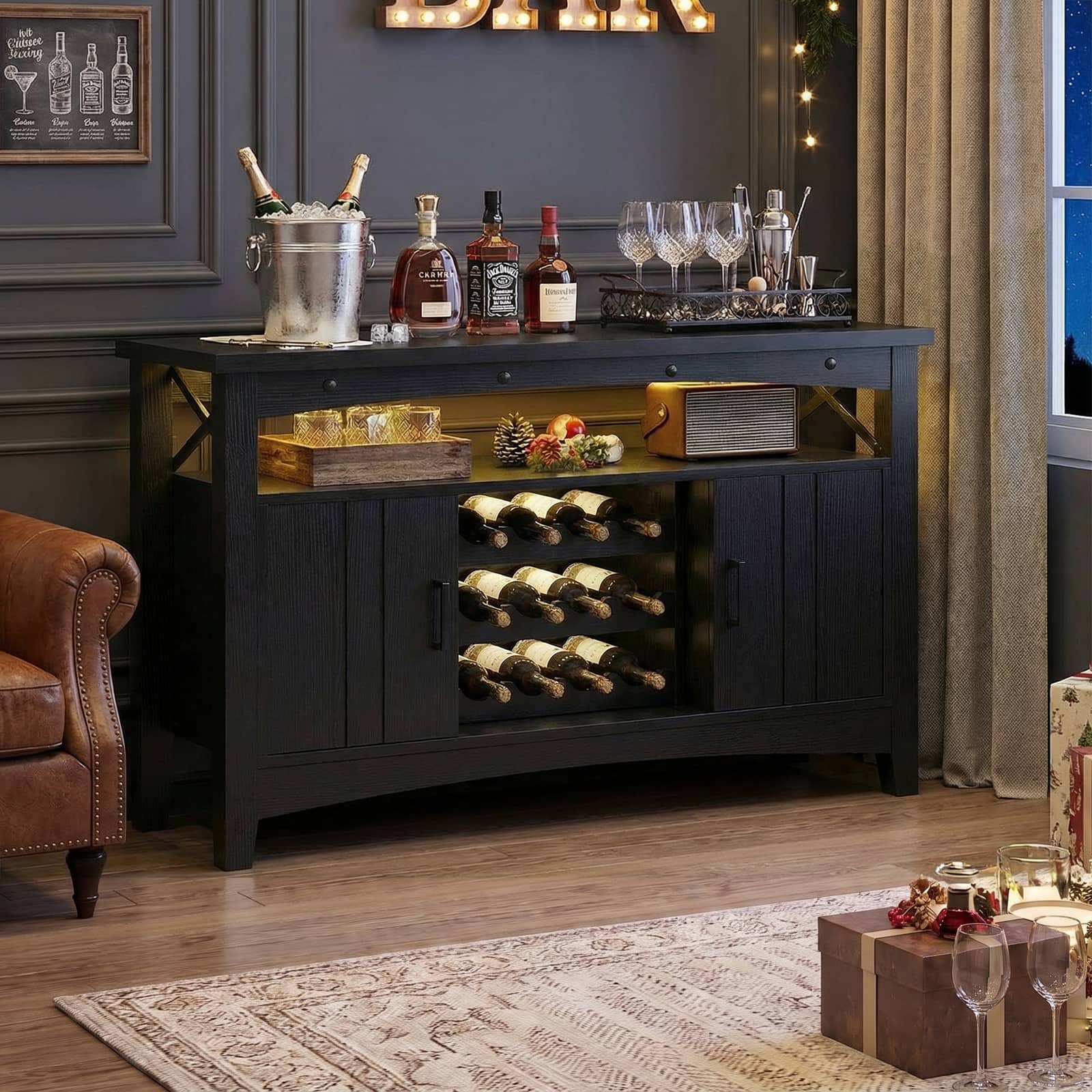 Aheaplus - Wine Cabinet with Charging Station and LED Lights, Liquor Cabinet with Movable Wooden Wine Rack - Black